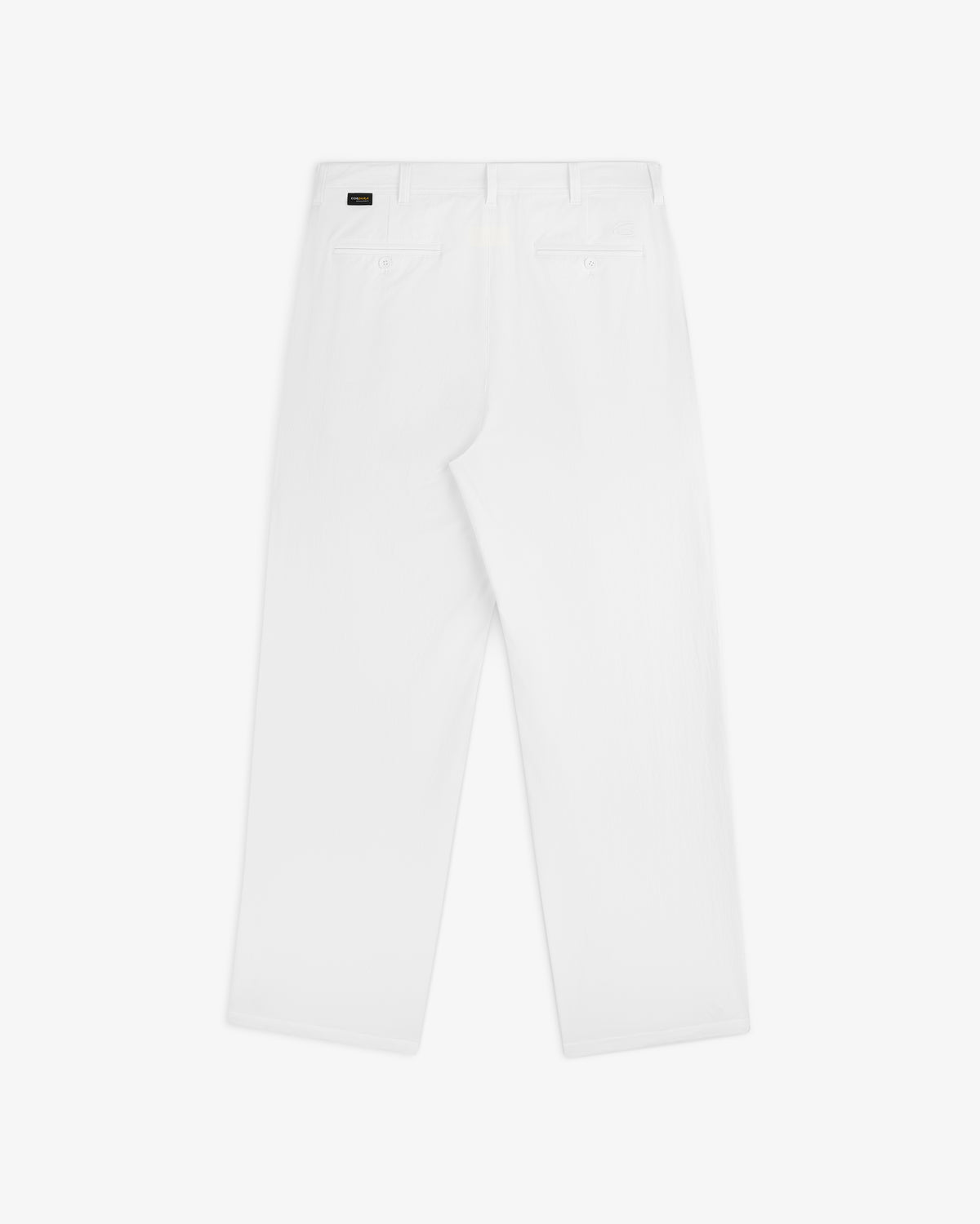 Back view of ALD Golf Cordura Double Pleated Pant in white with belt loops and two back welt pockets on white background.