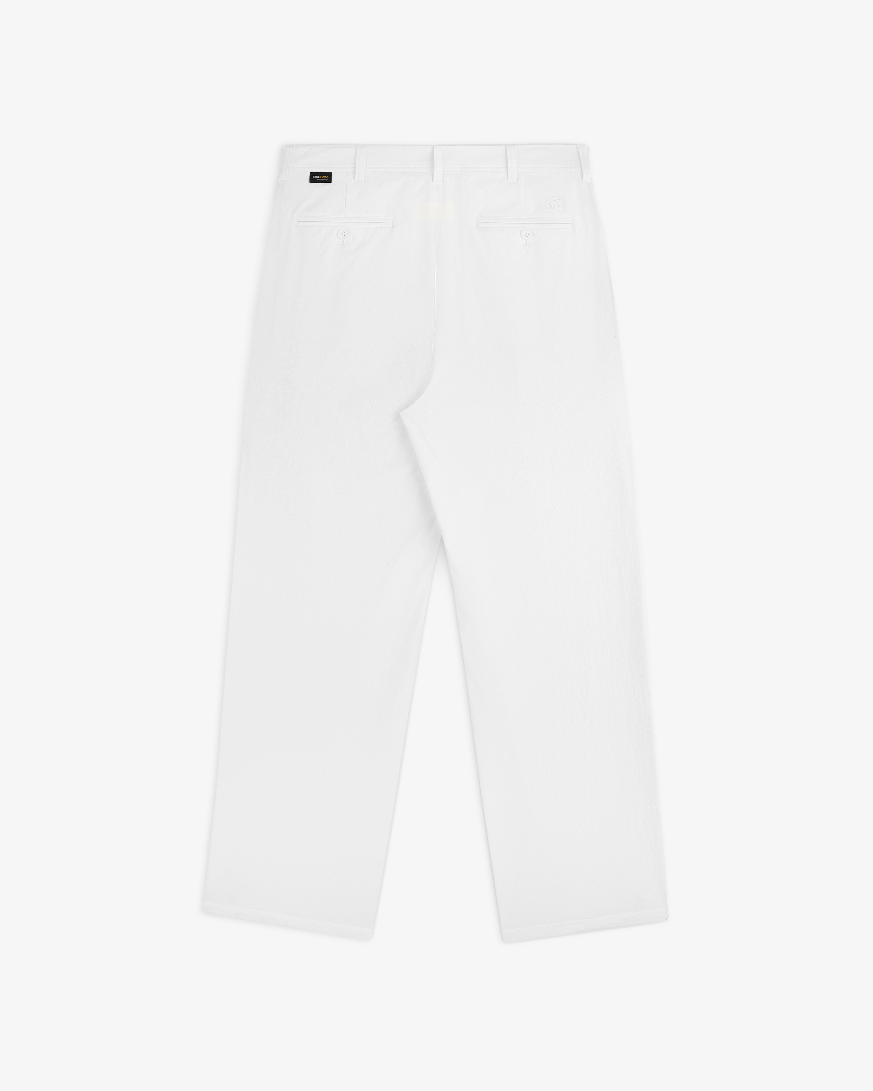 Back view of ALD Golf Cordura Double Pleated Pant in white with belt loops and two back welt pockets on white background.