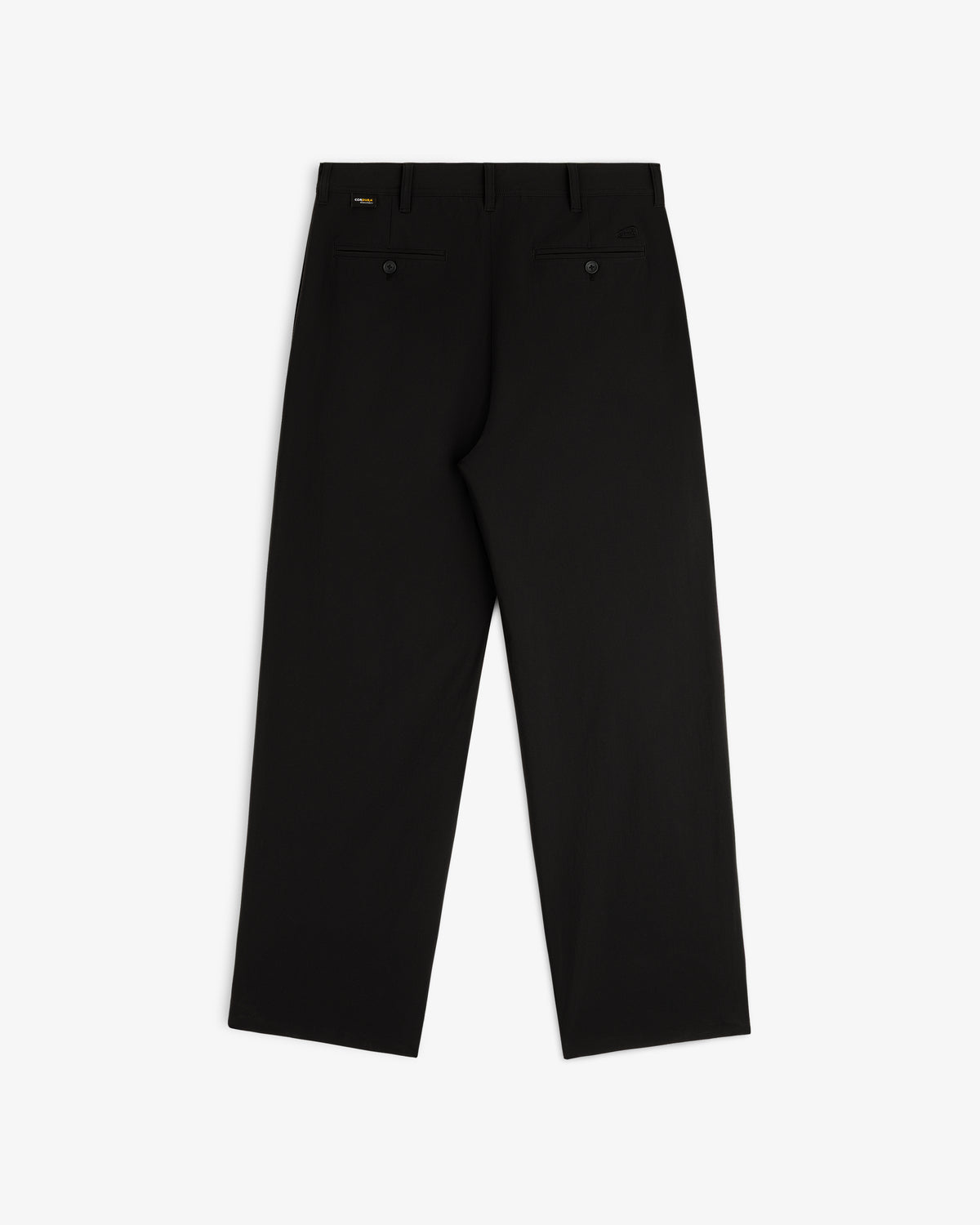 ALD Golf Cordura Double Pleated Pant laid flat, back view, with belt loops and two buttoned back pockets.