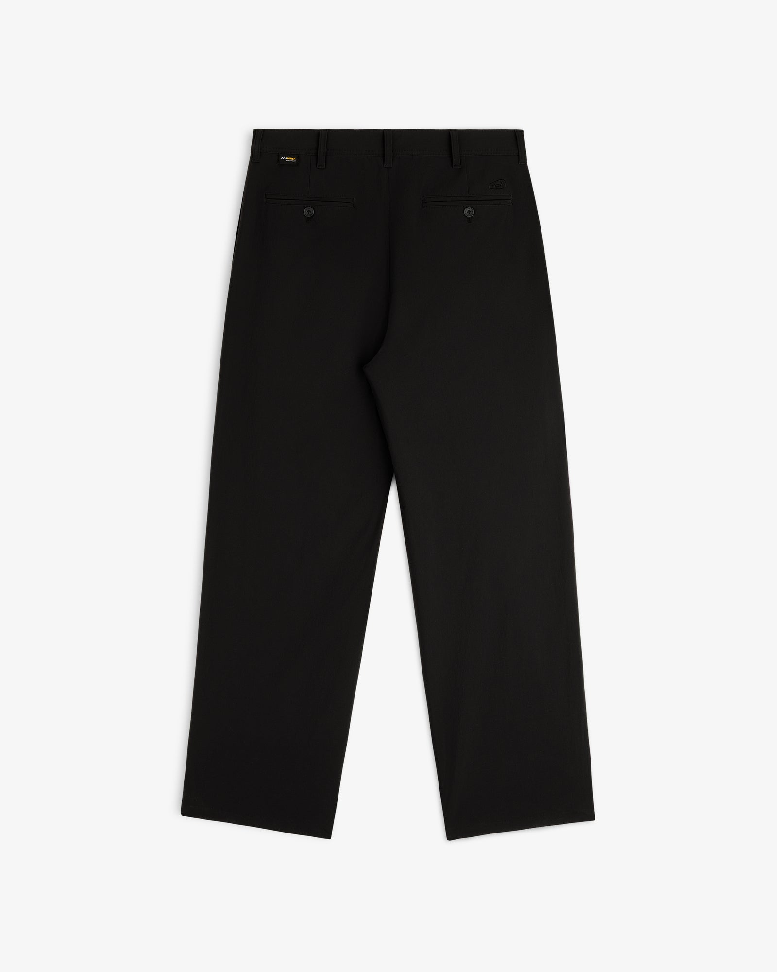 ALD Golf Cordura Double Pleated Pant laid flat, back view, with belt loops and two buttoned back pockets.