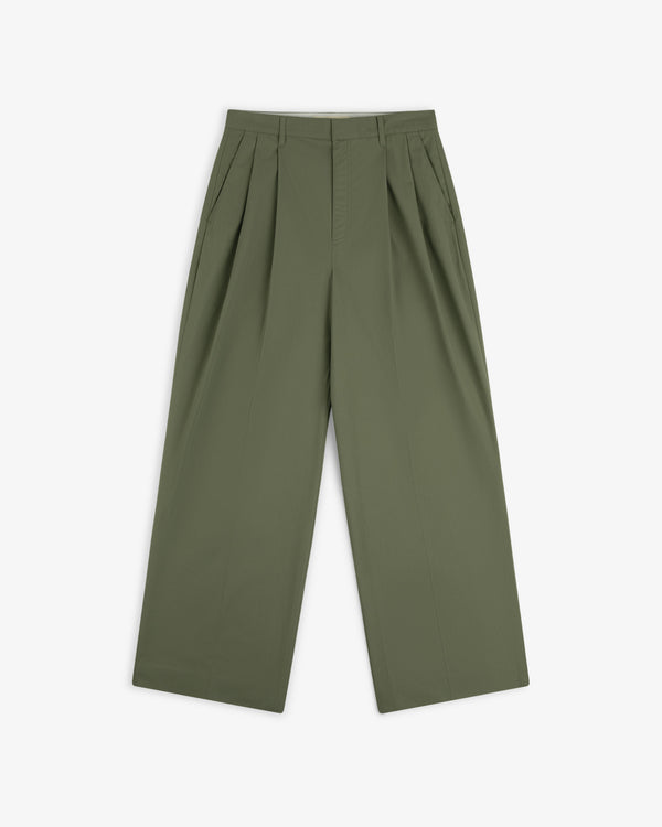 Lightweighted Pleated Cotton Trouser in olive green, wide-leg, high-waisted, shown flat on a white background.
