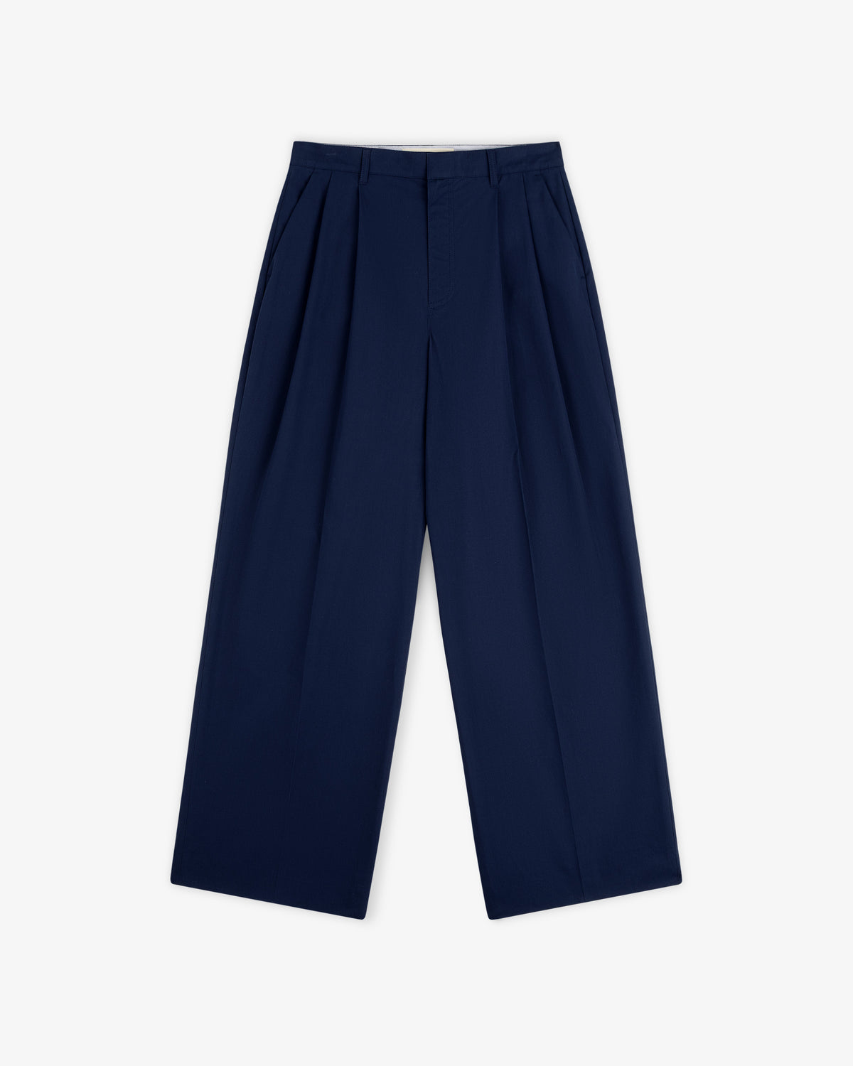 Lightweighted Pleated Cotton Trouser in navy blue, wide-leg style, shown flat on a white background.