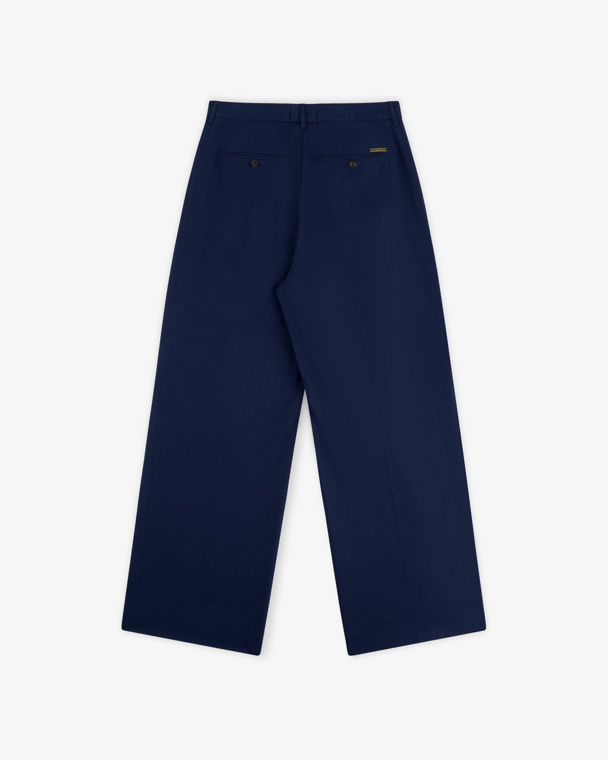 Back view of Lightweighted Pleated Cotton Trouser in navy blue with two back pockets and button closures, laid flat.