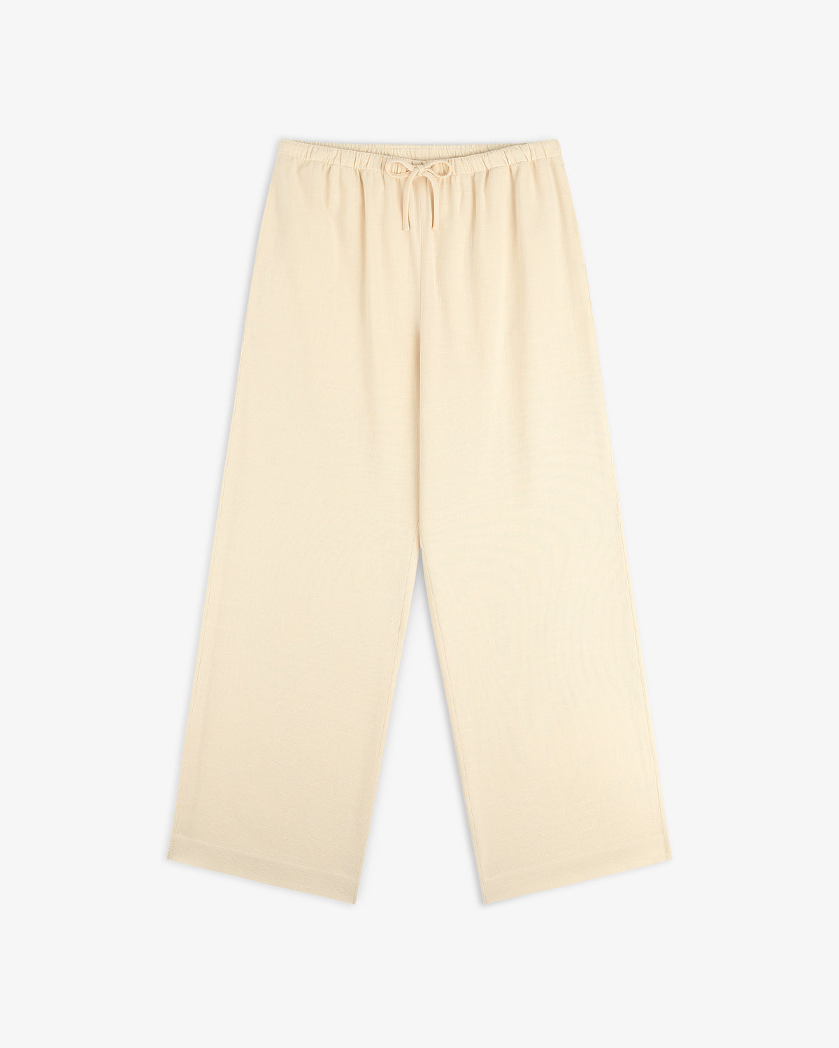 Drawstring Cotton Blend Suit Trouser in beige, wide-leg with elastic waistband, shown flat on a white background.