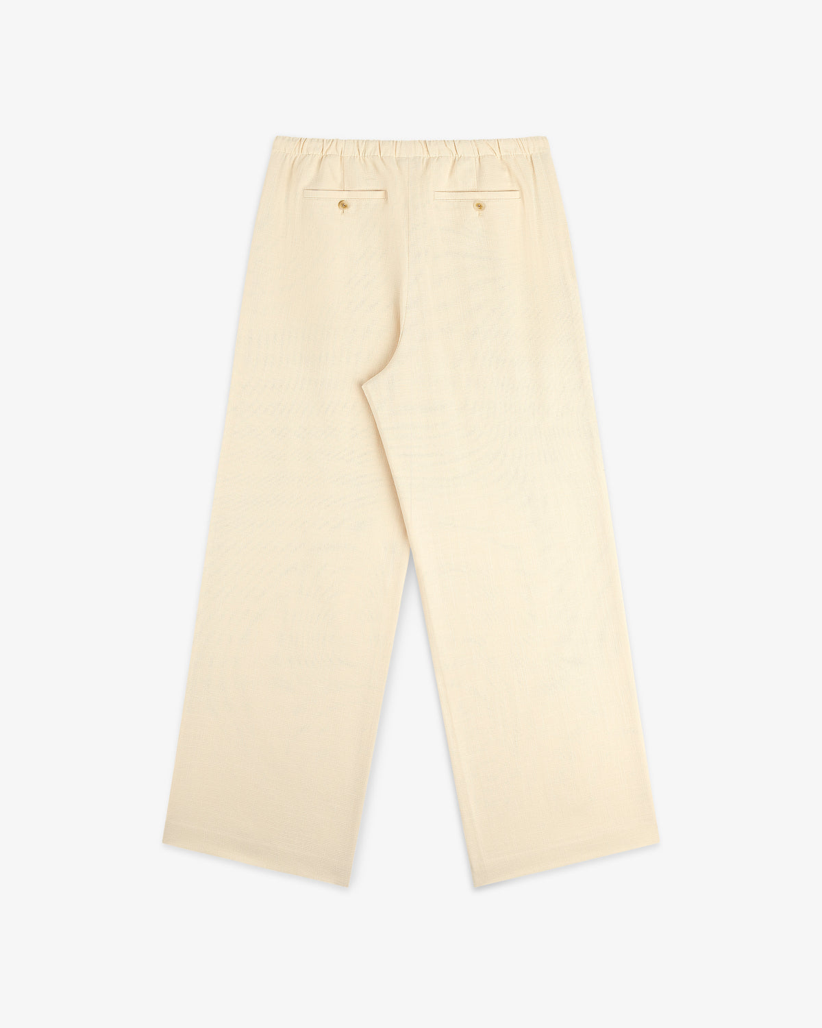 Cream-colored Drawstring Cotton Blend Suit Trouser with wide legs, elastic waist, and two back pockets on white background.