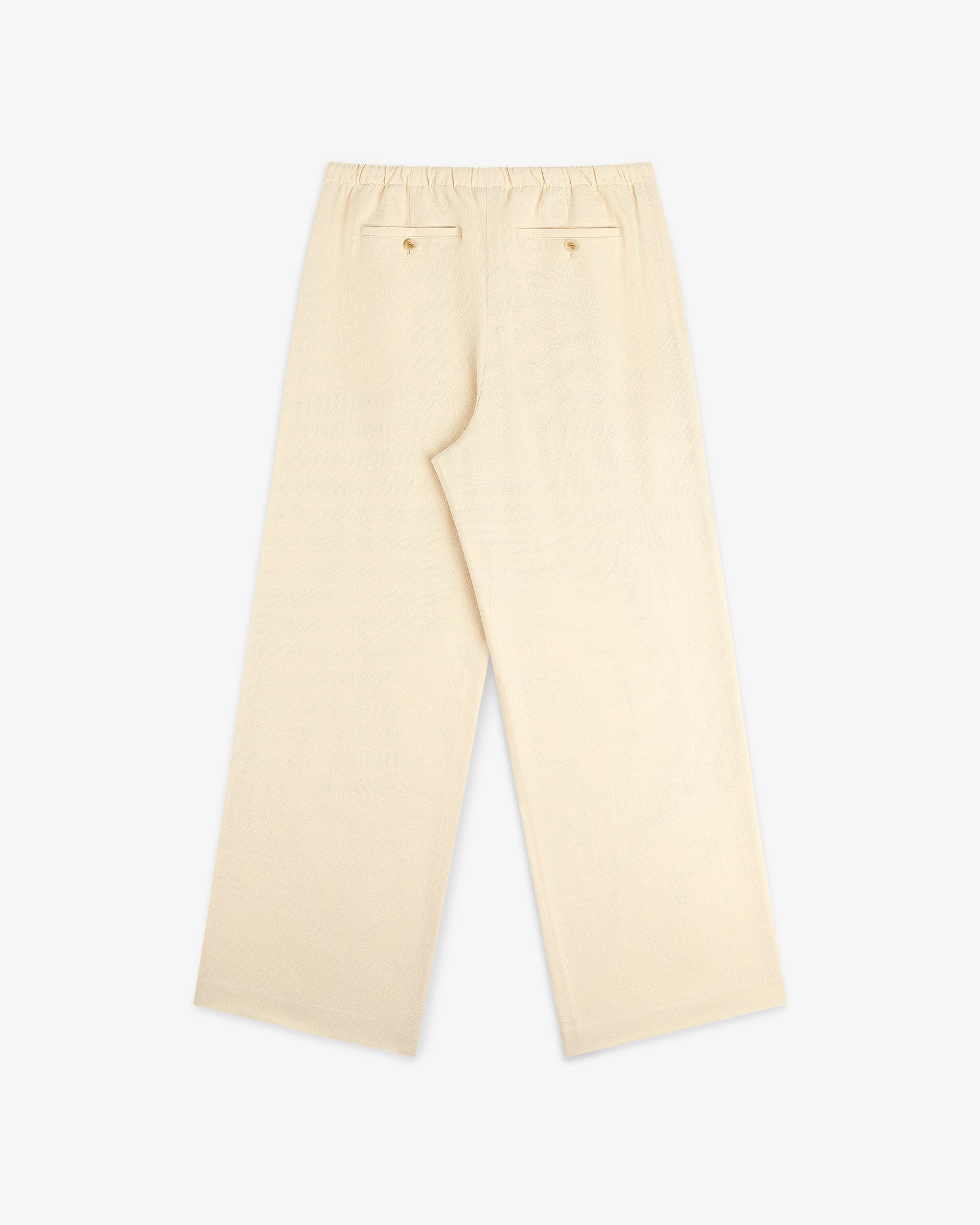 Cream-colored Drawstring Cotton Blend Suit Trouser with wide legs, elastic waist, and two back pockets on white background.