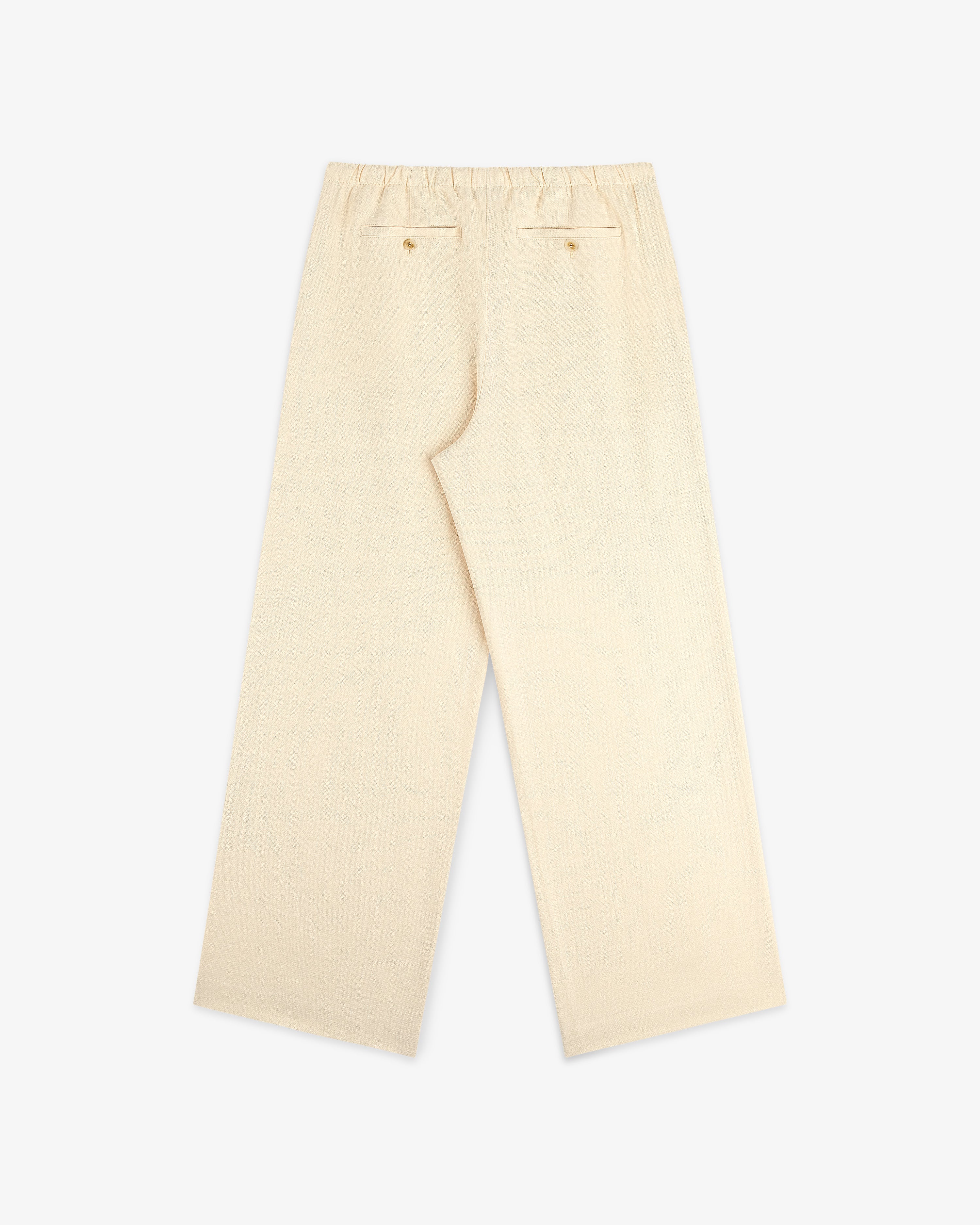 Cream-colored Drawstring Cotton Blend Suit Trouser with wide legs, elastic waist, and two back pockets on white background.