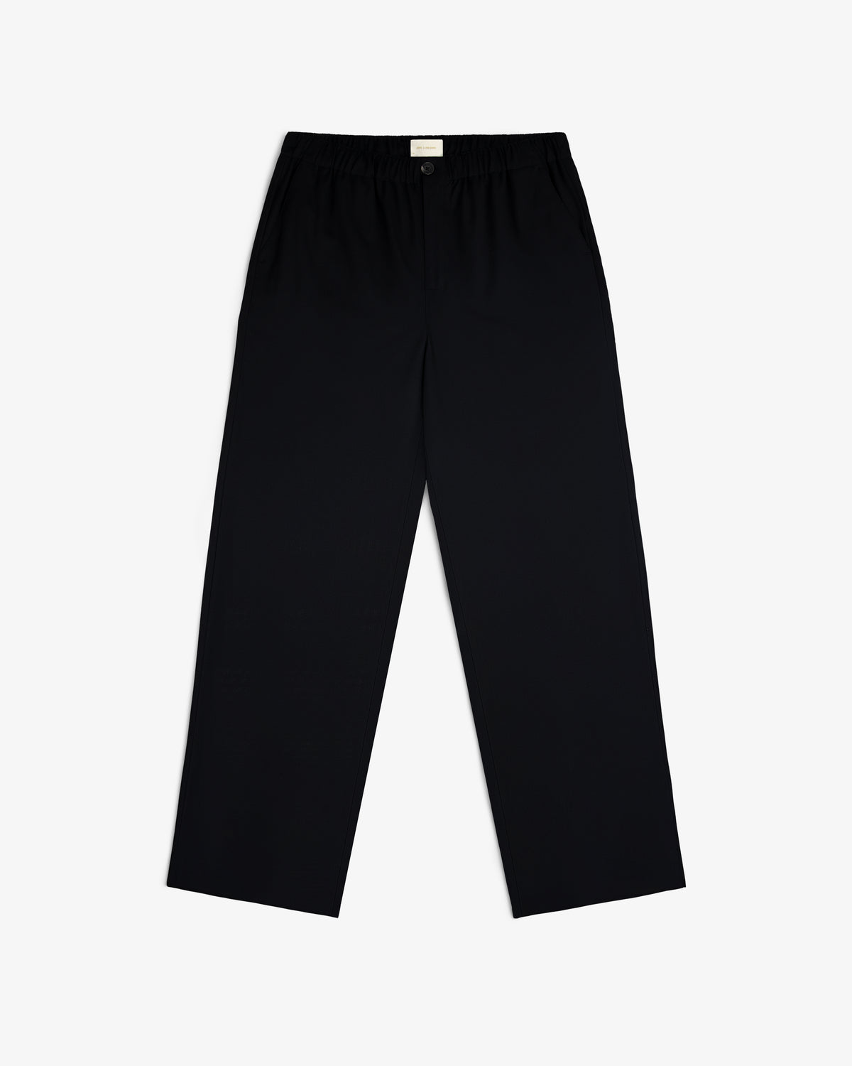 Elasticated Waist Gabardine Trouser in black with straight legs, button closure, and side pockets on a white background.