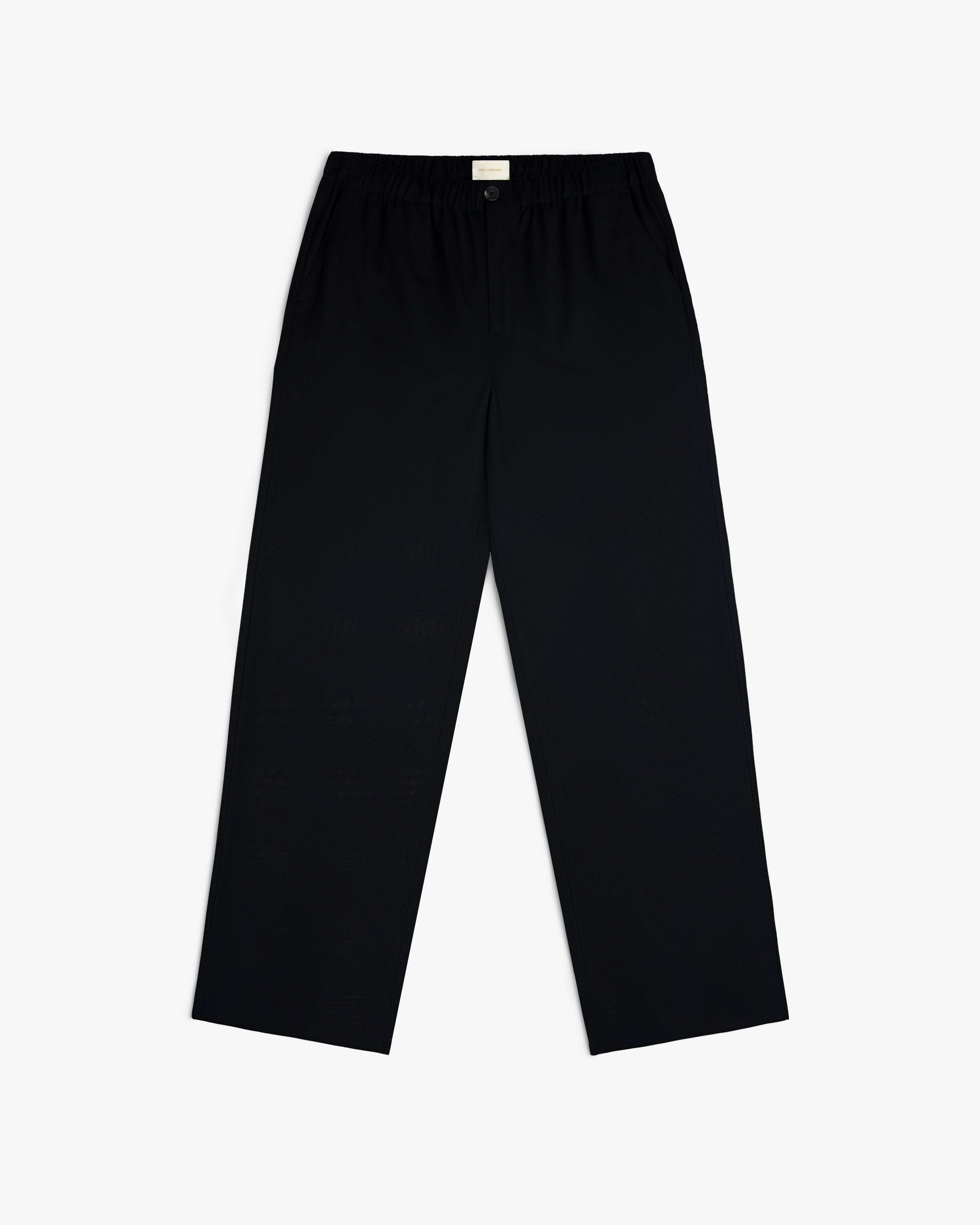 Elasticated Waist Gabardine Trouser in black with straight legs, button closure, and side pockets on a white background.