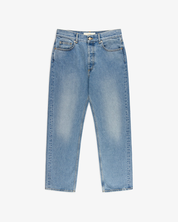 ALD Straight Fit Denim in light blue, straight-leg, five-pocket style with front button and zipper, laid flat on white.