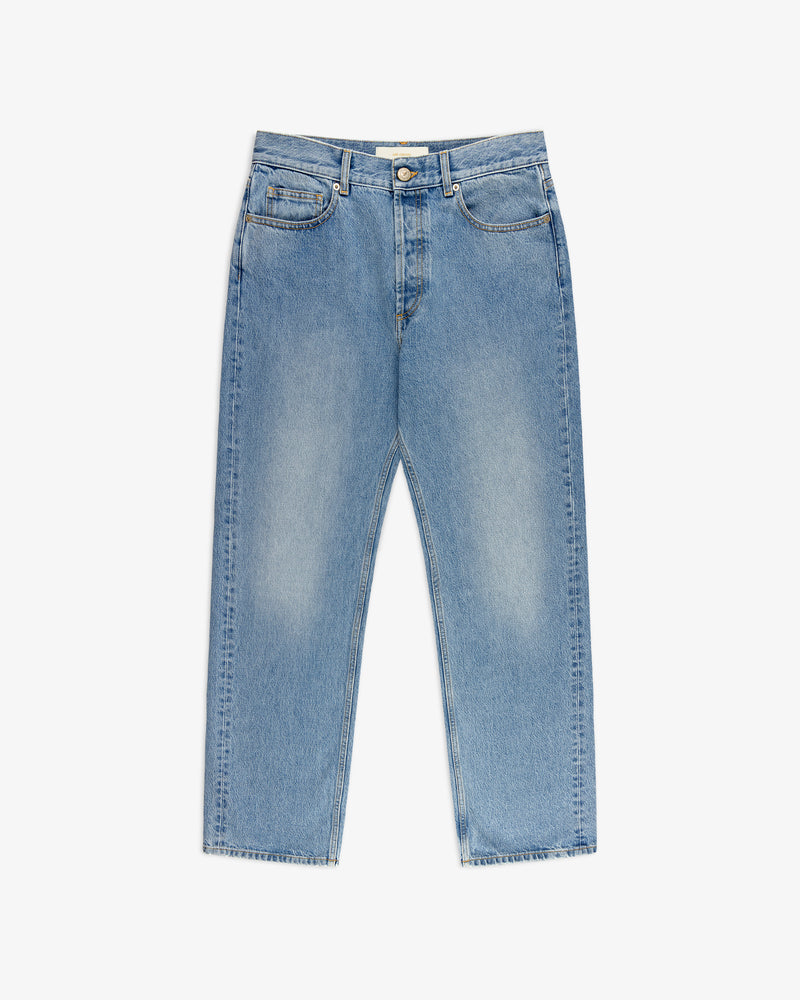 ALD Straight Fit Denim in light blue, straight-leg, five-pocket style with front button and zipper, laid flat on white.
