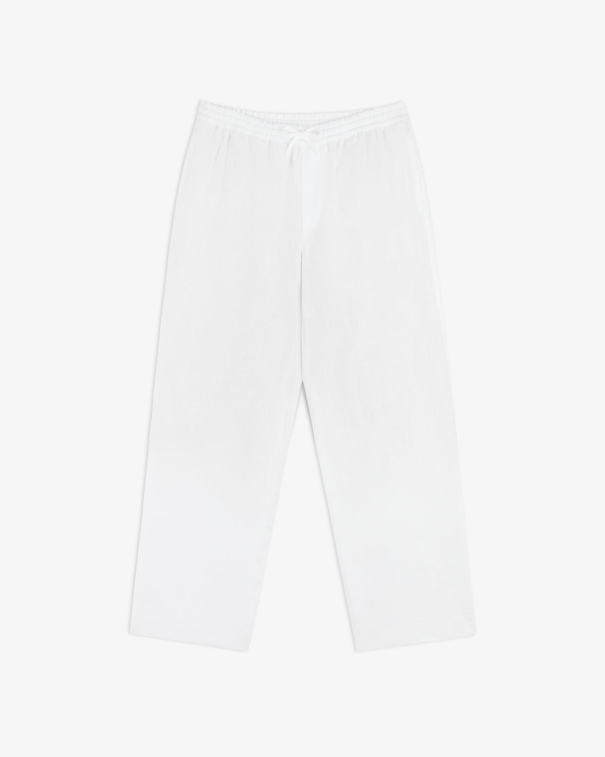 Linen Leisure Pant: white, loose-fitting with elastic waistband and drawstring, shown flat on a white background.