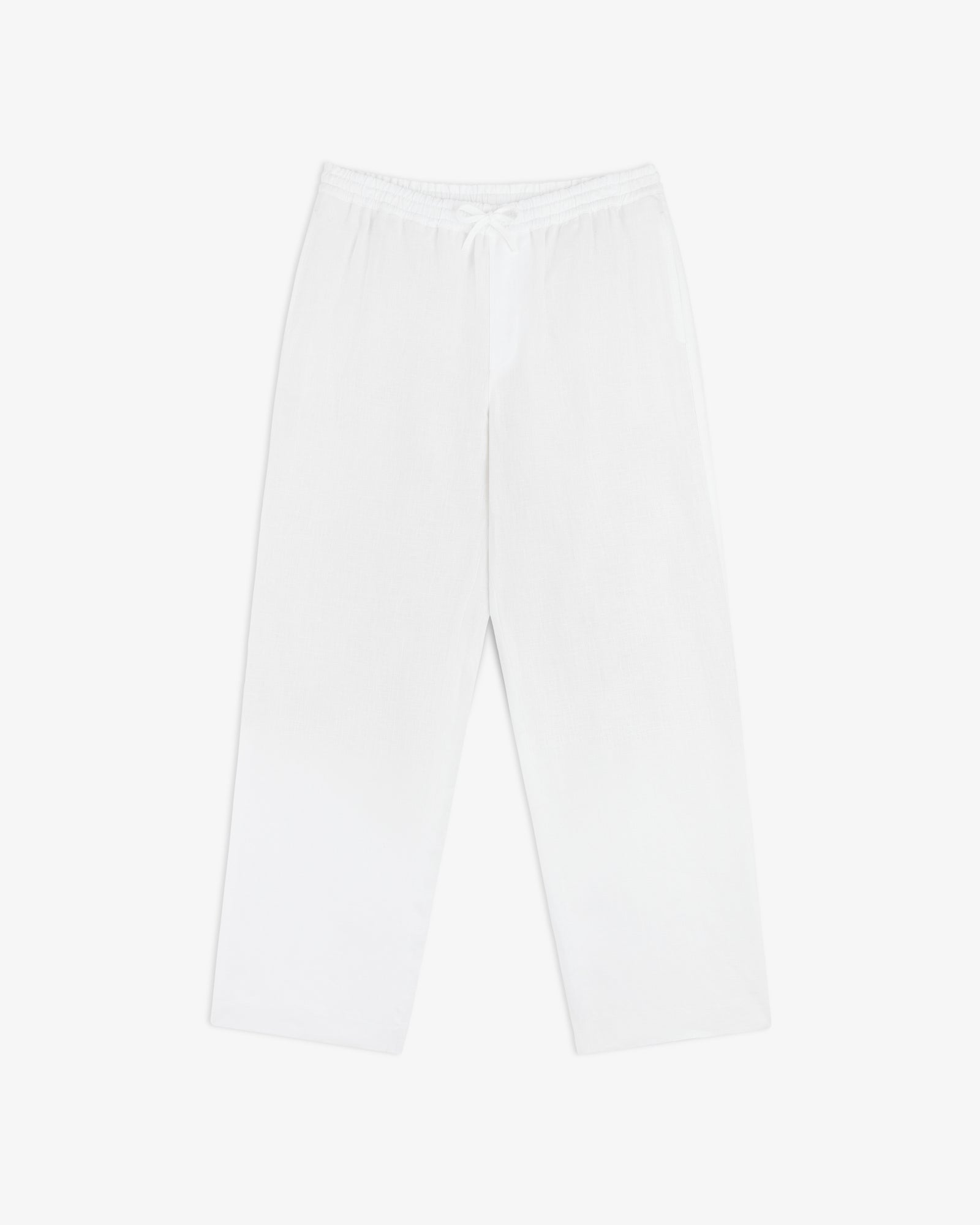 Linen Leisure Pant: white, loose-fitting with elastic waistband and drawstring, shown flat on a white background.