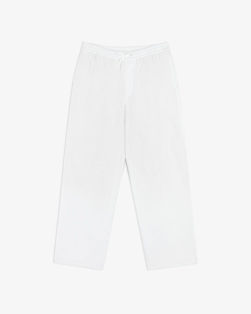 Linen Leisure Pant: white, loose-fitting with elastic waistband and drawstring, shown flat on a white background.