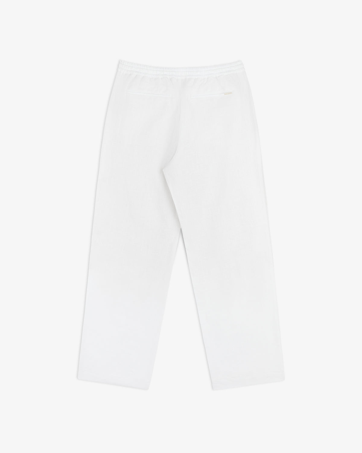 The Linen Leisure Pant features a straight-leg cut, elastic waistband, and back welt pocket, shown on white background.