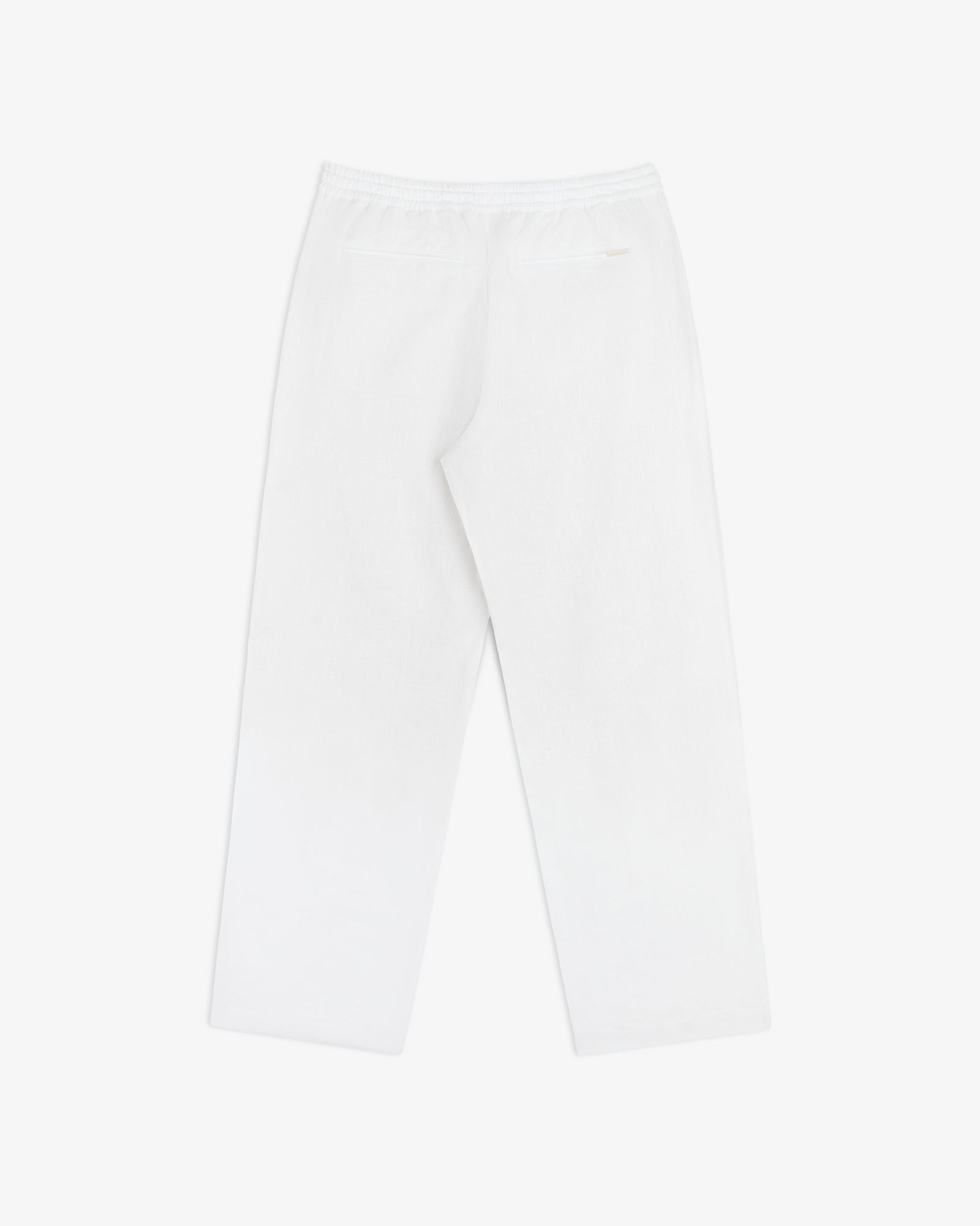The Linen Leisure Pant features a straight-leg cut, elastic waistband, and back welt pocket, shown on white background.