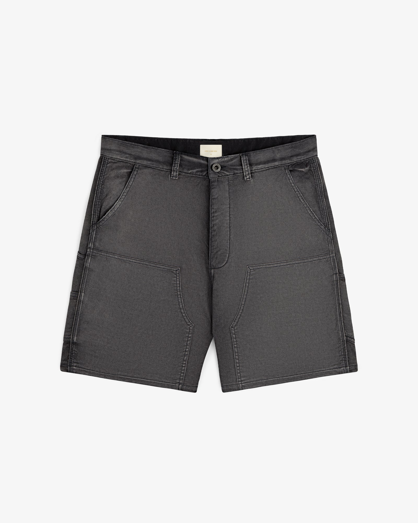 Garment Dyed Carpenter Short in gray with patch pockets, button closure, belt loops, shown on white background.
