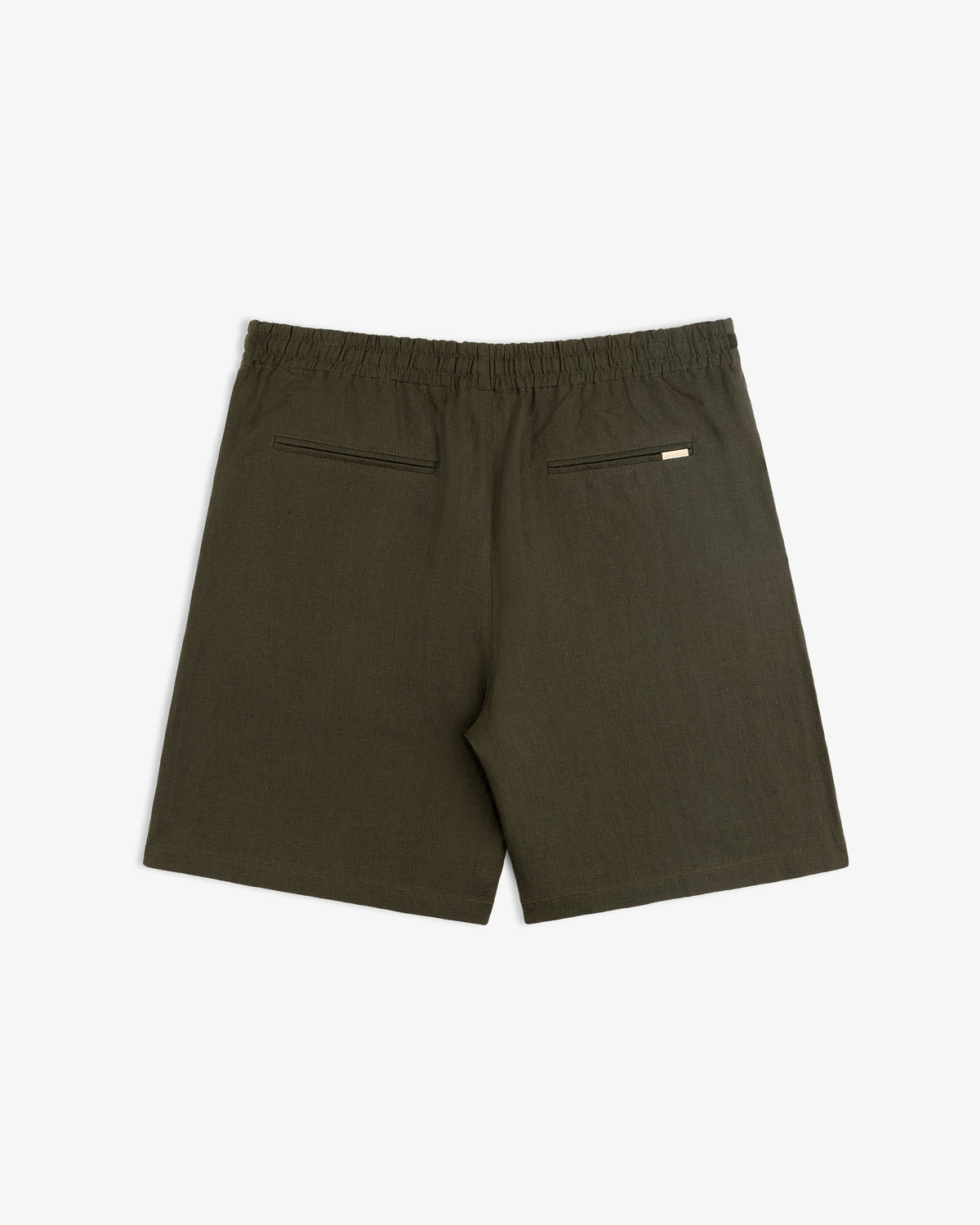 Linen Leisure Short in dark green with elastic waistband and two back pockets, shown on a white background.