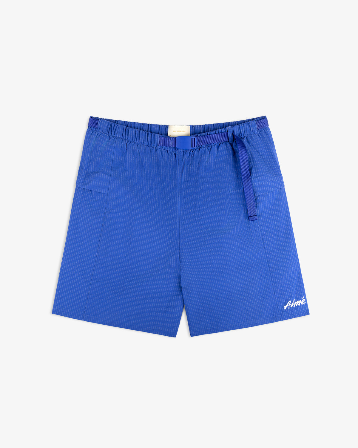 Ripstop Nylon Wave Short: blue drawstring shorts with subtle stripes, side pockets, Aimé logo left leg, on white background.