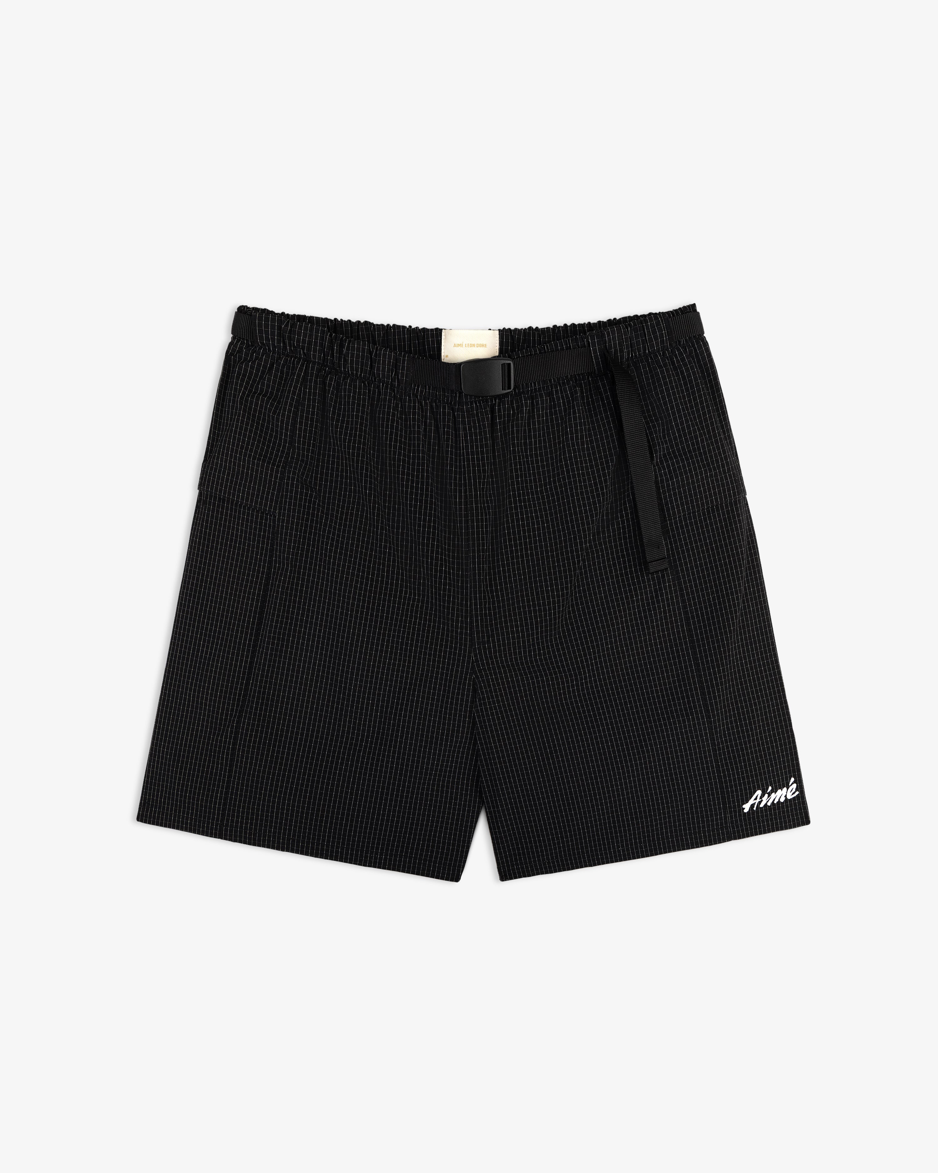 Ripstop Nylon Wave Short: Black with subtle check, elastic waist, black belt, and white "Aime" logo on left leg.