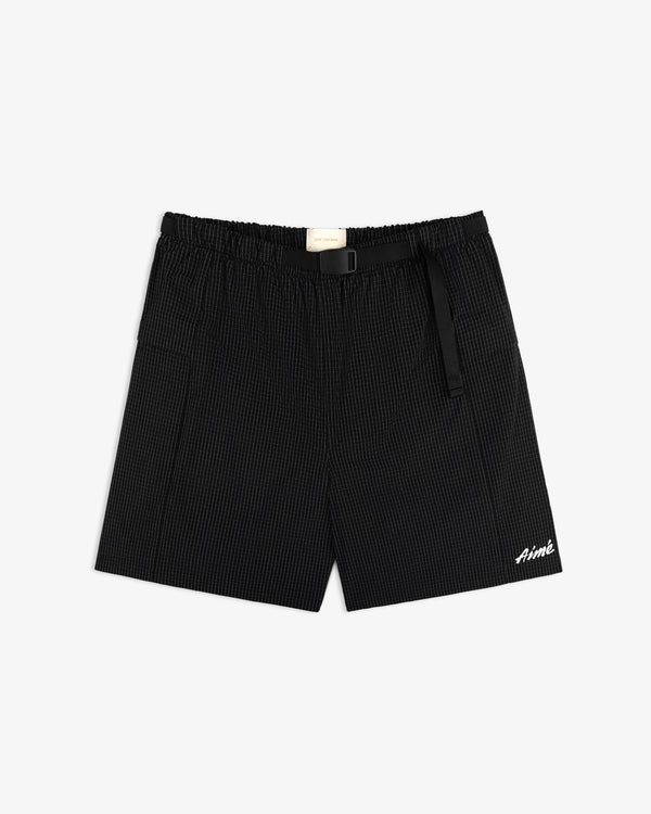 Ripstop Nylon Wave Short: Black with subtle check, elastic waist, black belt, and white "Aime" logo on left leg.
