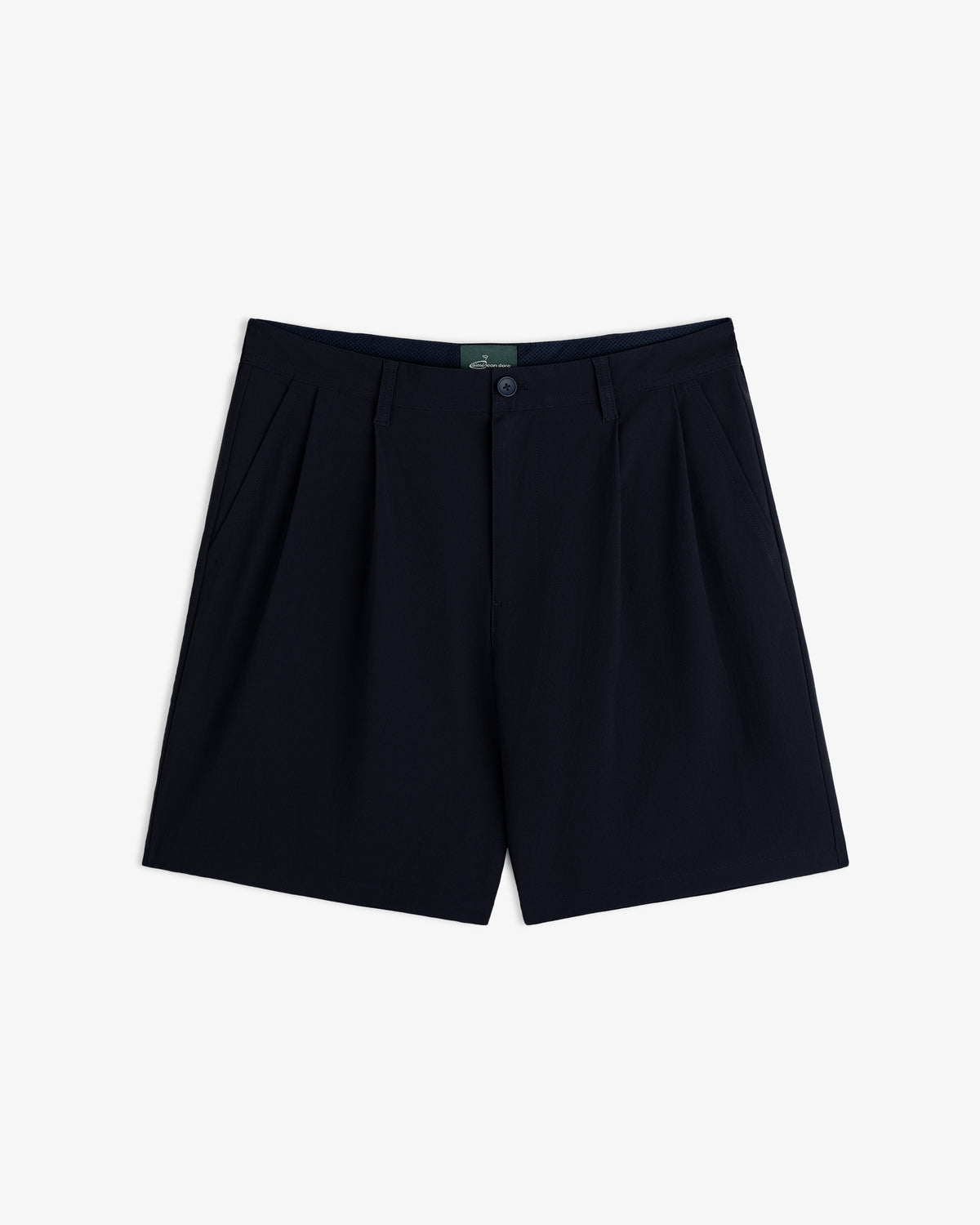 ALD Golf Cordura Double Pleated Short in navy, with button and zip closure, shown on a white background.
