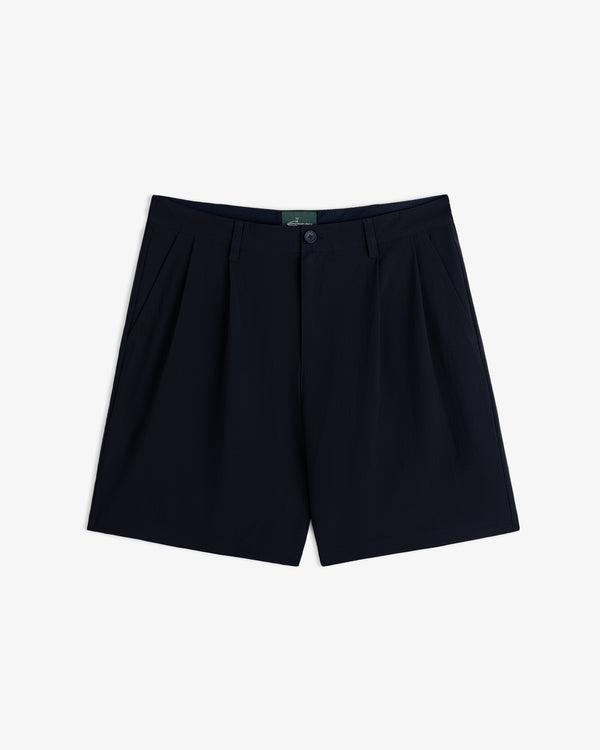 ALD Golf Cordura Double Pleated Short in navy, with button and zip closure, shown on a white background.