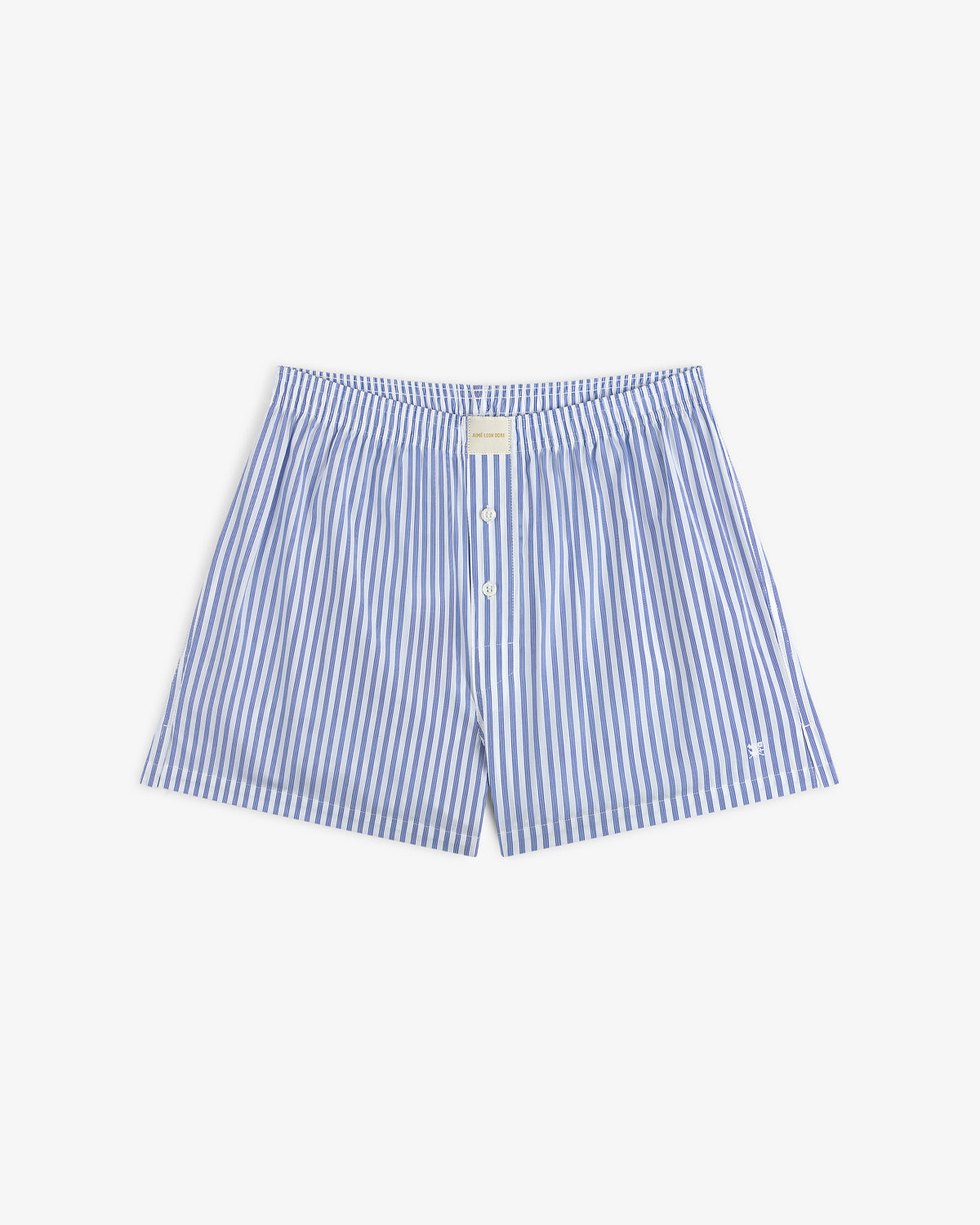 Striped Boxer Short in blue and white with front buttons, shown on a white background.