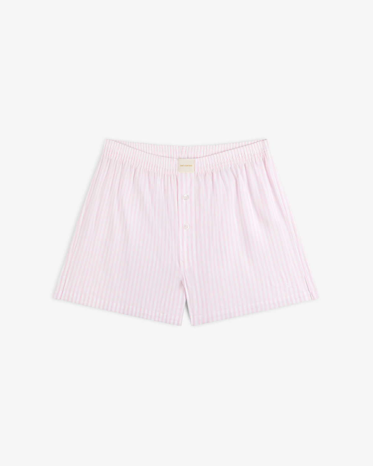 Striped Boxer Short: light pink and white vertical stripes, elastic waistband, buttoned front for men.