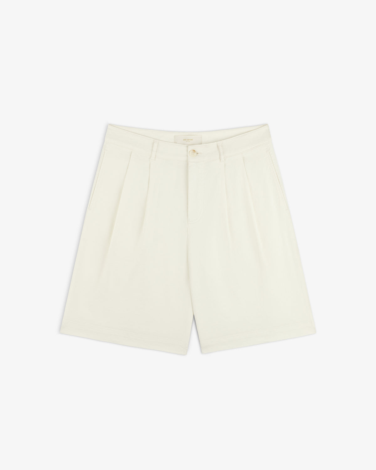 Pleated Linen Blend Bermuda Short in cream with side pockets, front button, and zipper closure on a white background.