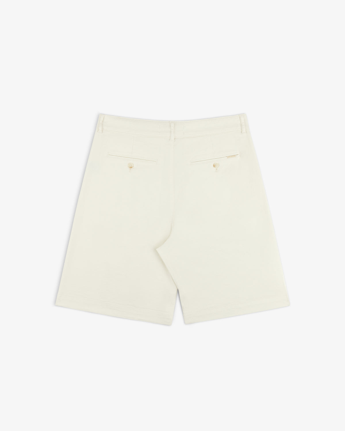 Back view of Pleated Linen Blend Bermuda Short in cream with two back pockets and buttons, shown on white background.