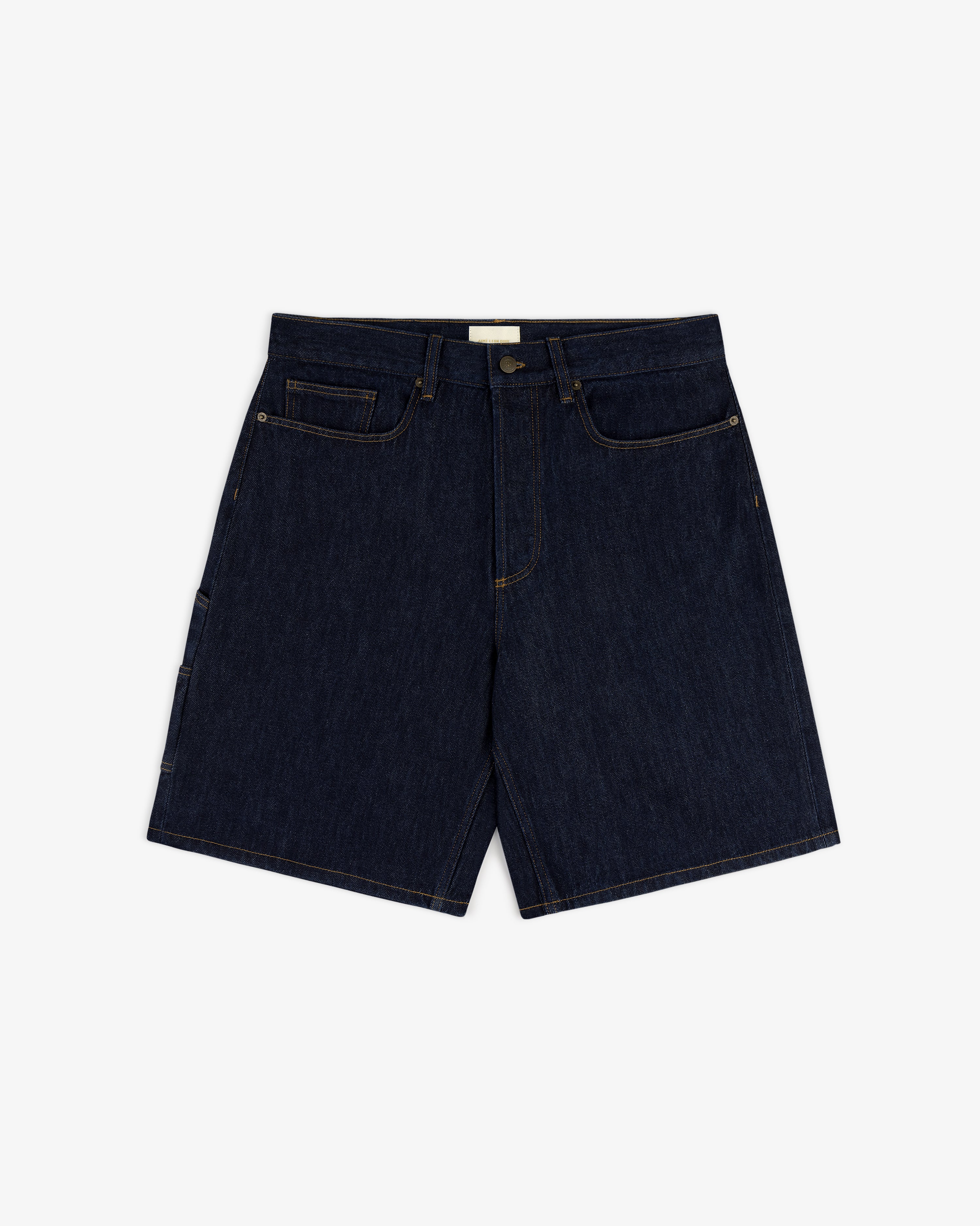 Rinse Wash Denim Short with button and zipper closure, front/back pockets, shown on a white background.