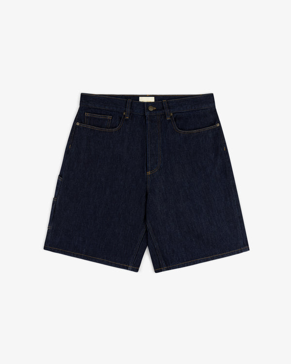Rinse Wash Denim Short with button and zipper closure, front/back pockets, shown on a white background.