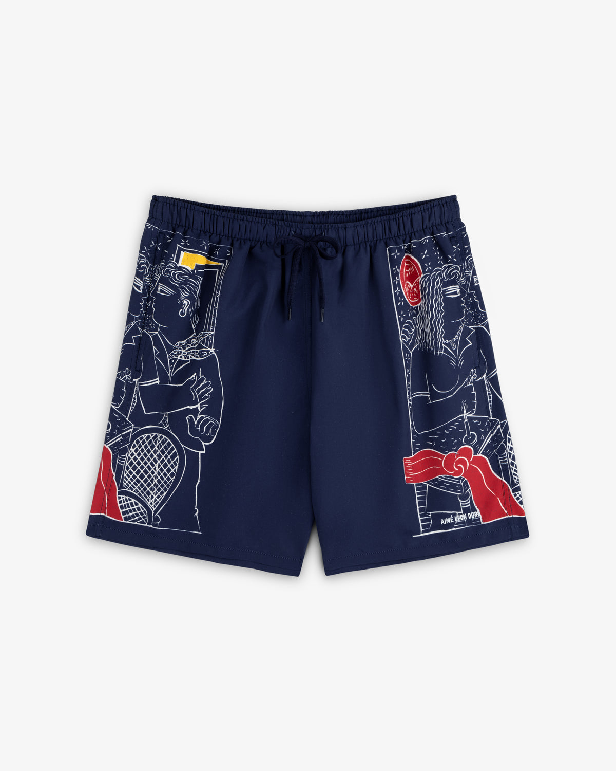 Fassianos "Nocturnal Love" swim short in navy with white and red tennis art, features a drawstring waistband.