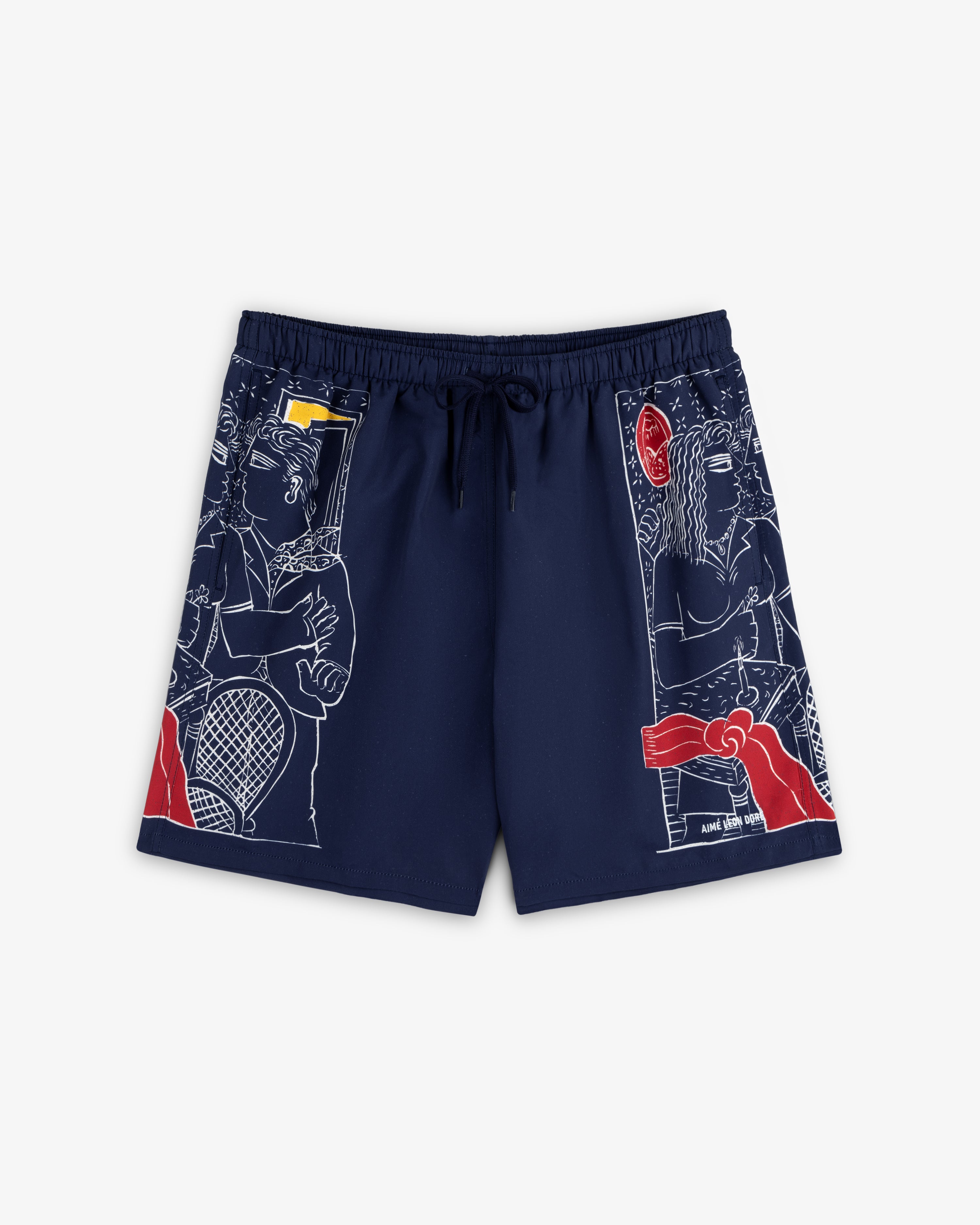 Fassianos "Nocturnal Love" swim short in navy with white and red tennis art, features a drawstring waistband.