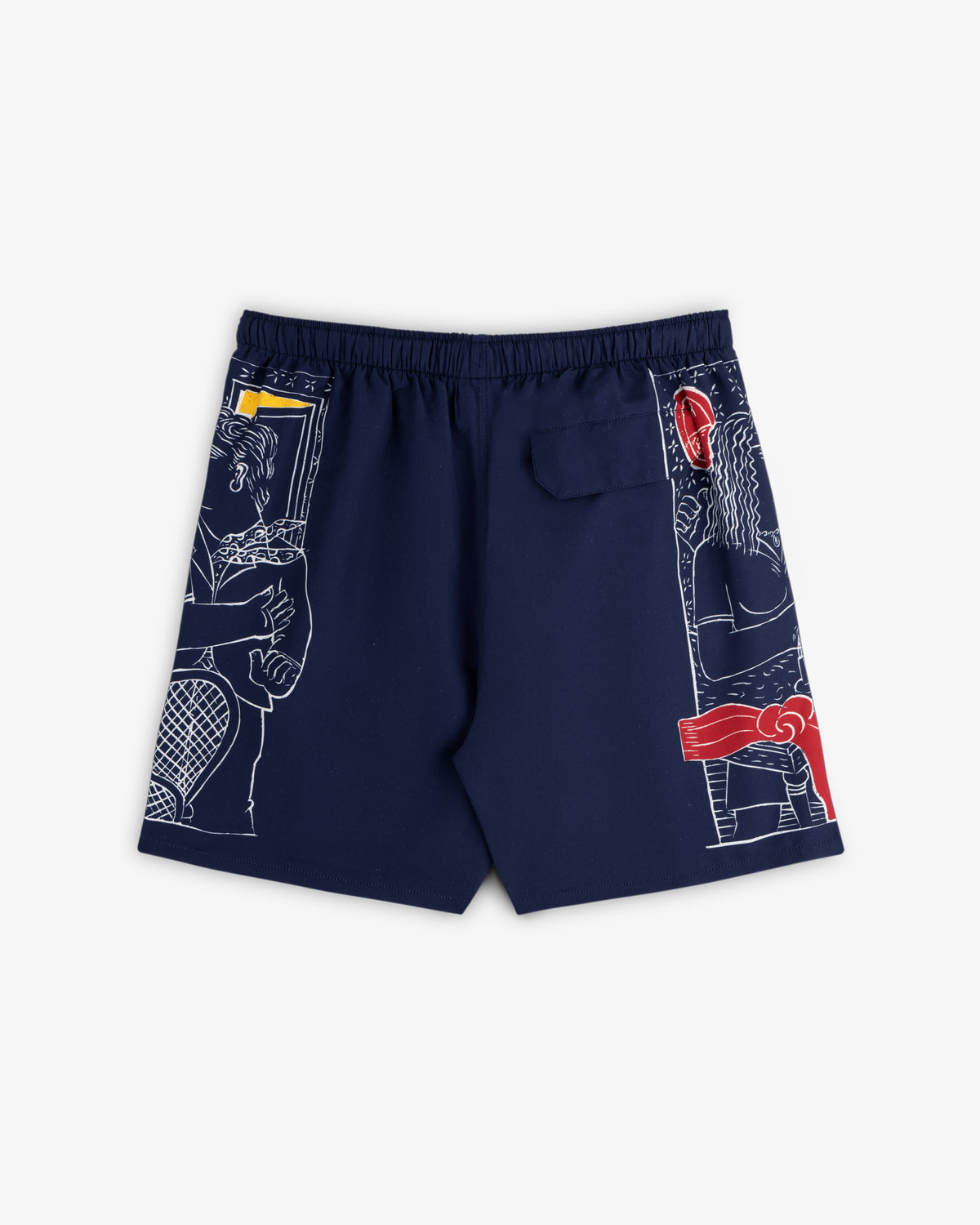 Fassianos "Nocturnal Love" navy swim shorts feature white line art and red/yellow accents on the sides and back pocket.