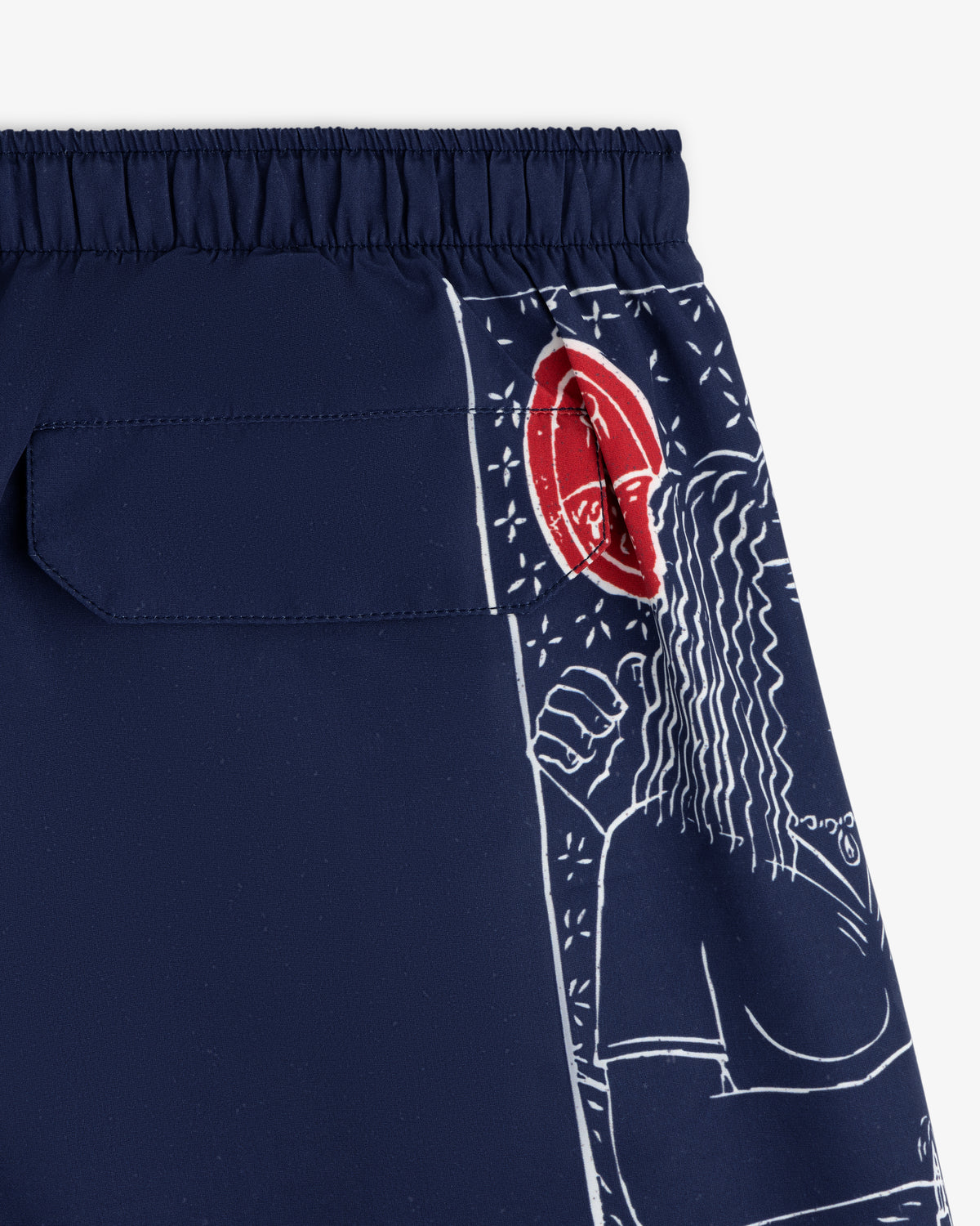 Close-up of Fassianos "Nocturnal Love" Swim Short: navy with a pocket, white figure drawing, and red circular design.