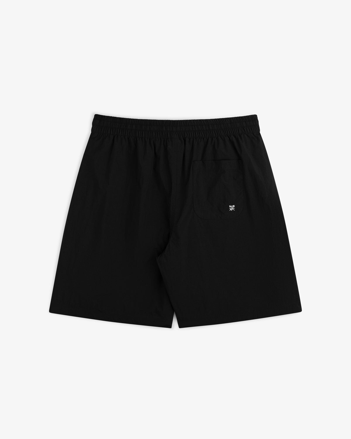 Long Nylon Track Short in black, shown from the back with elastic waistband and single back pocket on a white background.