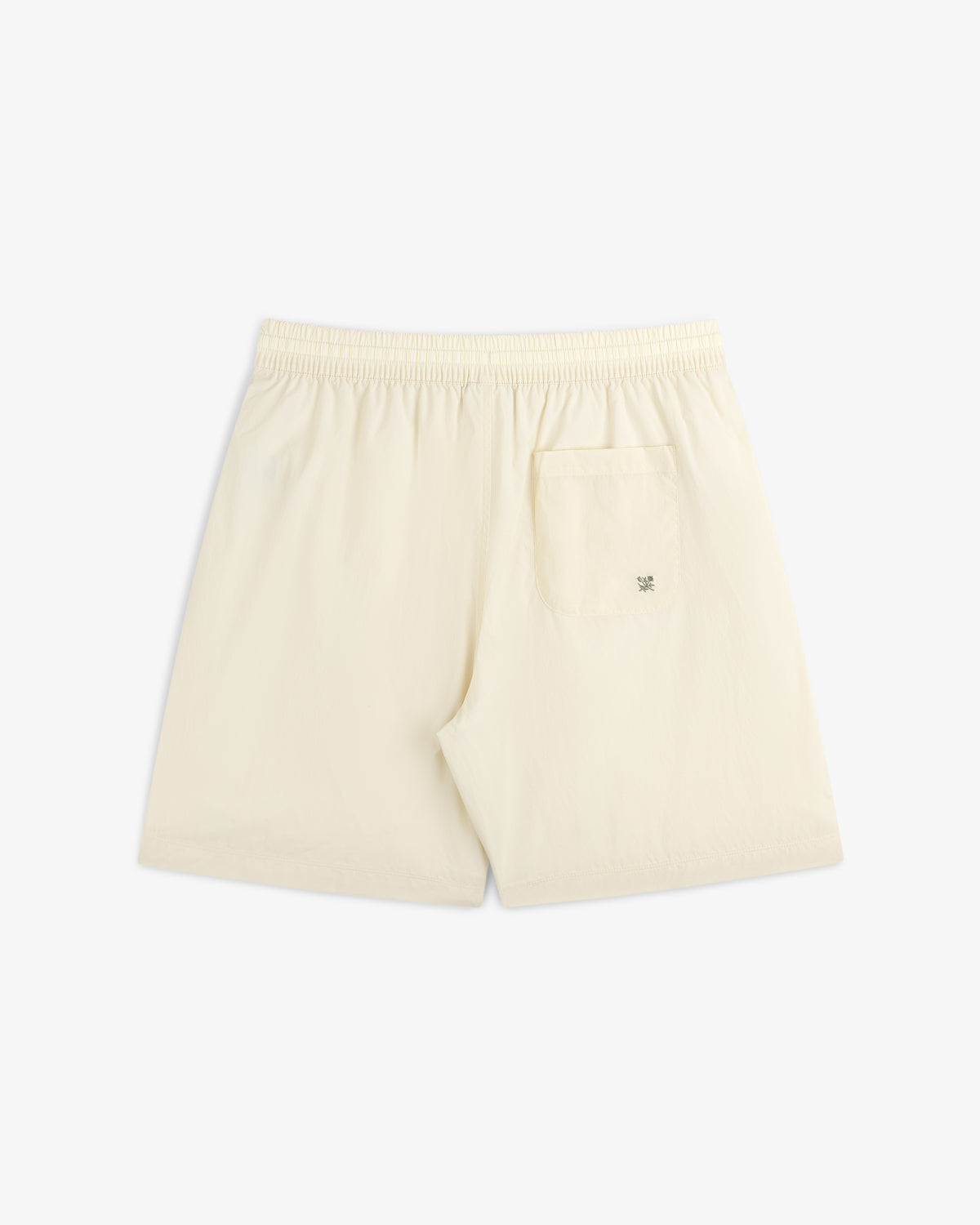 Back view of cream Long Nylon Track Short with elastic waistband and a single right back pocket.