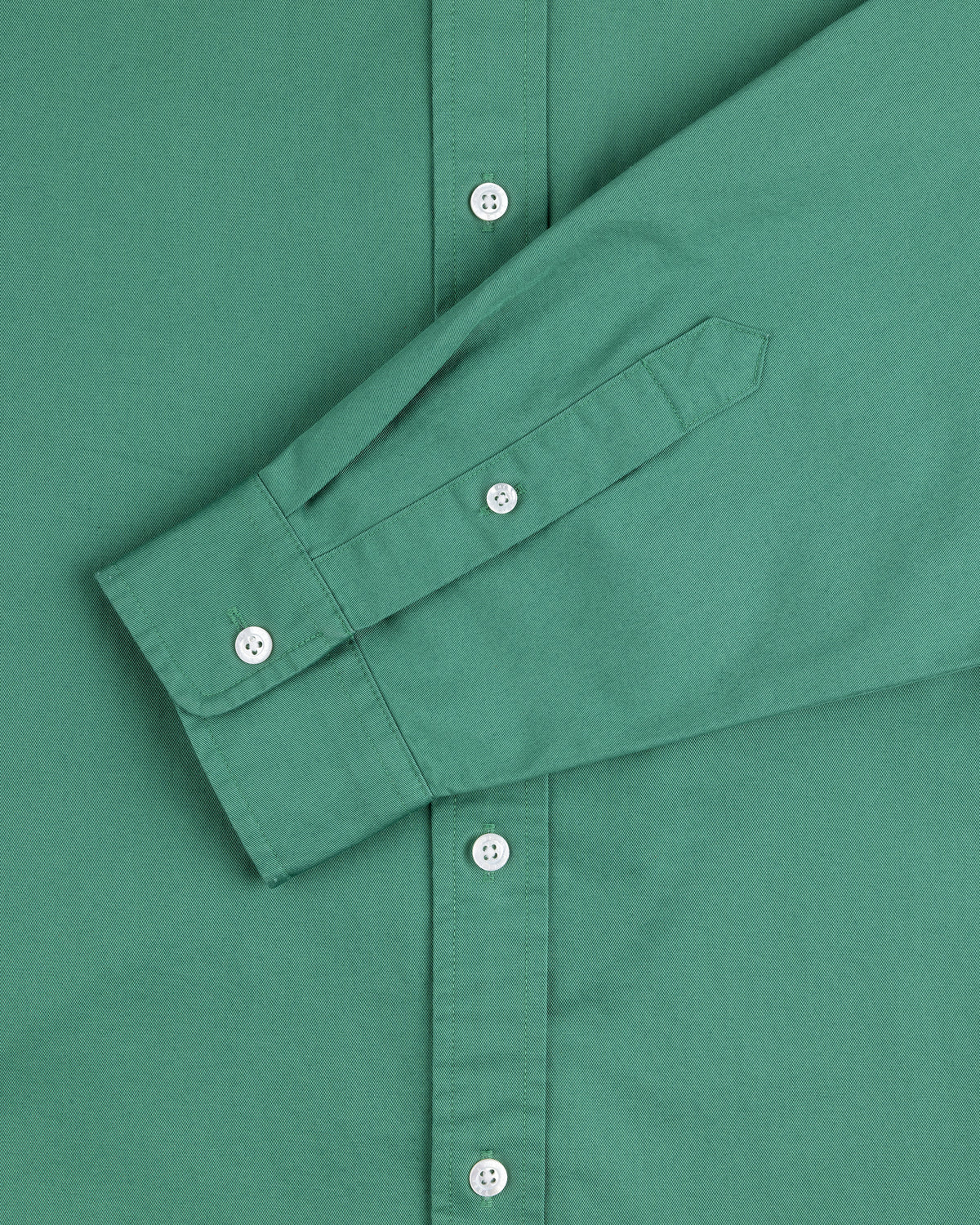 Leon Overshirt in green, front view with one sleeve folded, features white buttons and long sleeves.