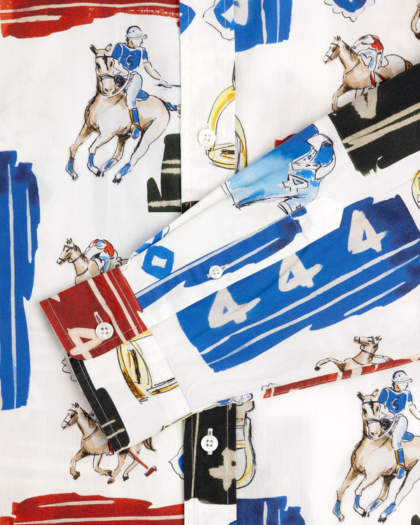 Printed Leon Overshirt with colorful horse-racing design, featuring jockeys, numbers, and bold brushstroke patterns.