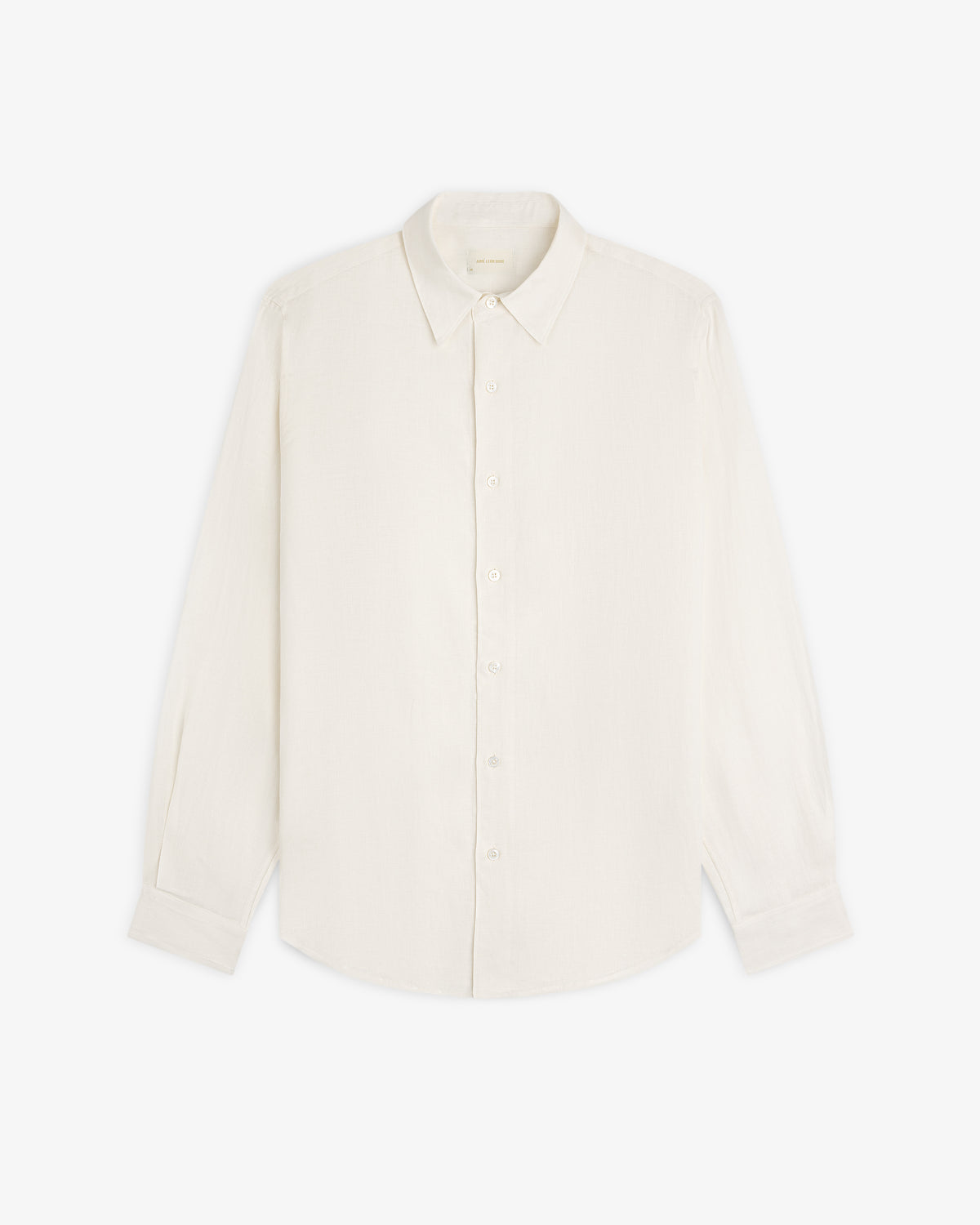 Long-Sleeve Linen Shirt with a collar, buttoned and laid flat on a plain white background.
