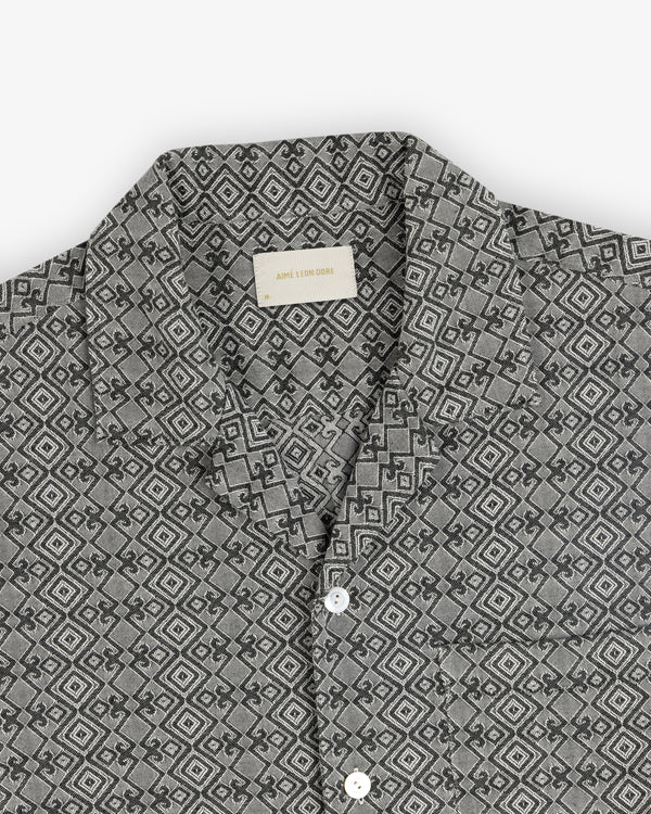 Jacquard Leisure Shirt in gray with a geometric diamond pattern and white buttons, laid flat on a white background.
