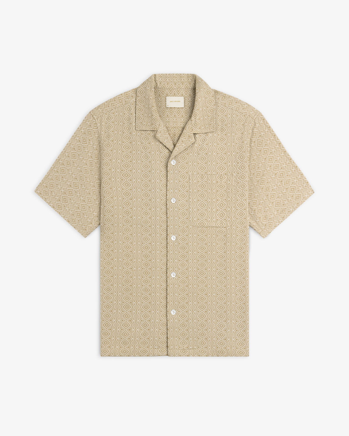 Jacquard Leisure Shirt in beige with short sleeves and subtle geometric diamond pattern, shown on a white background.