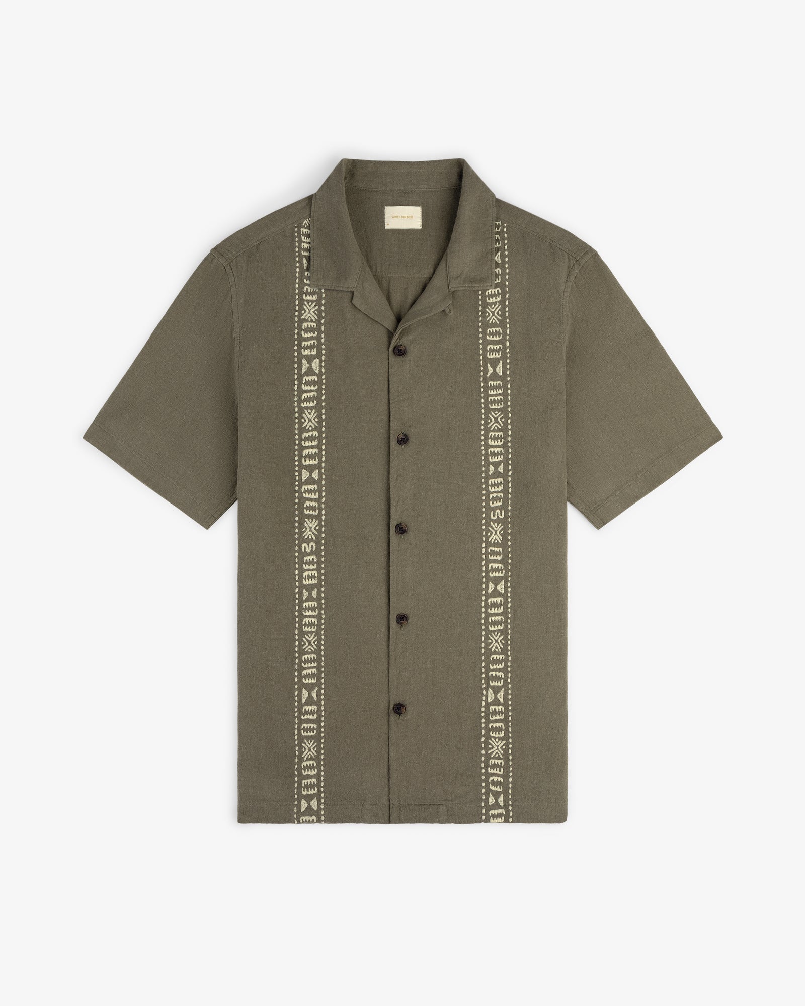 Linen Blend Leisure Shirt: short-sleeve olive green button-up with two beige geometric stripes on the front.