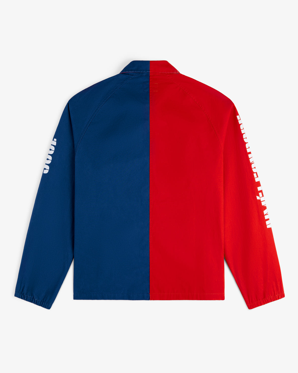 Marina Jacket: split design—navy blue left, red right, white text on both sleeves.
