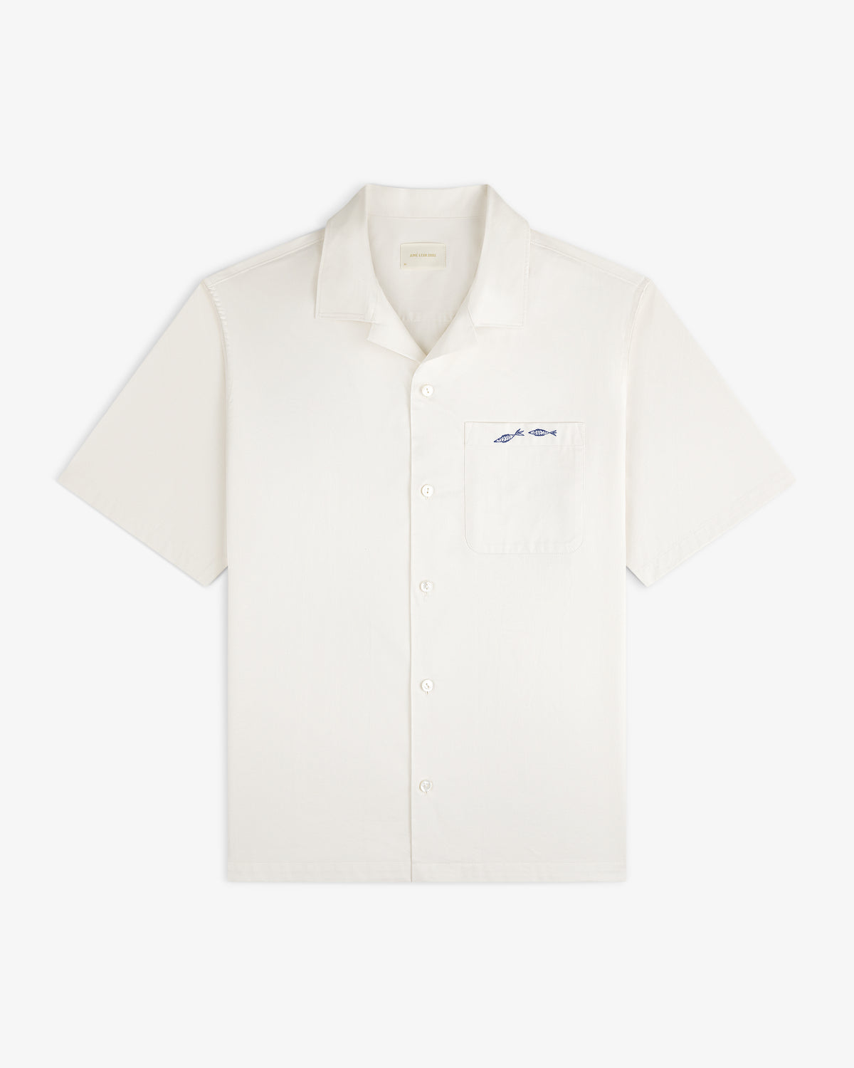 Fassianos "Rendez - Vous" Camp Shirt: short-sleeve white button-up with chest pocket and blue fish embroidery.