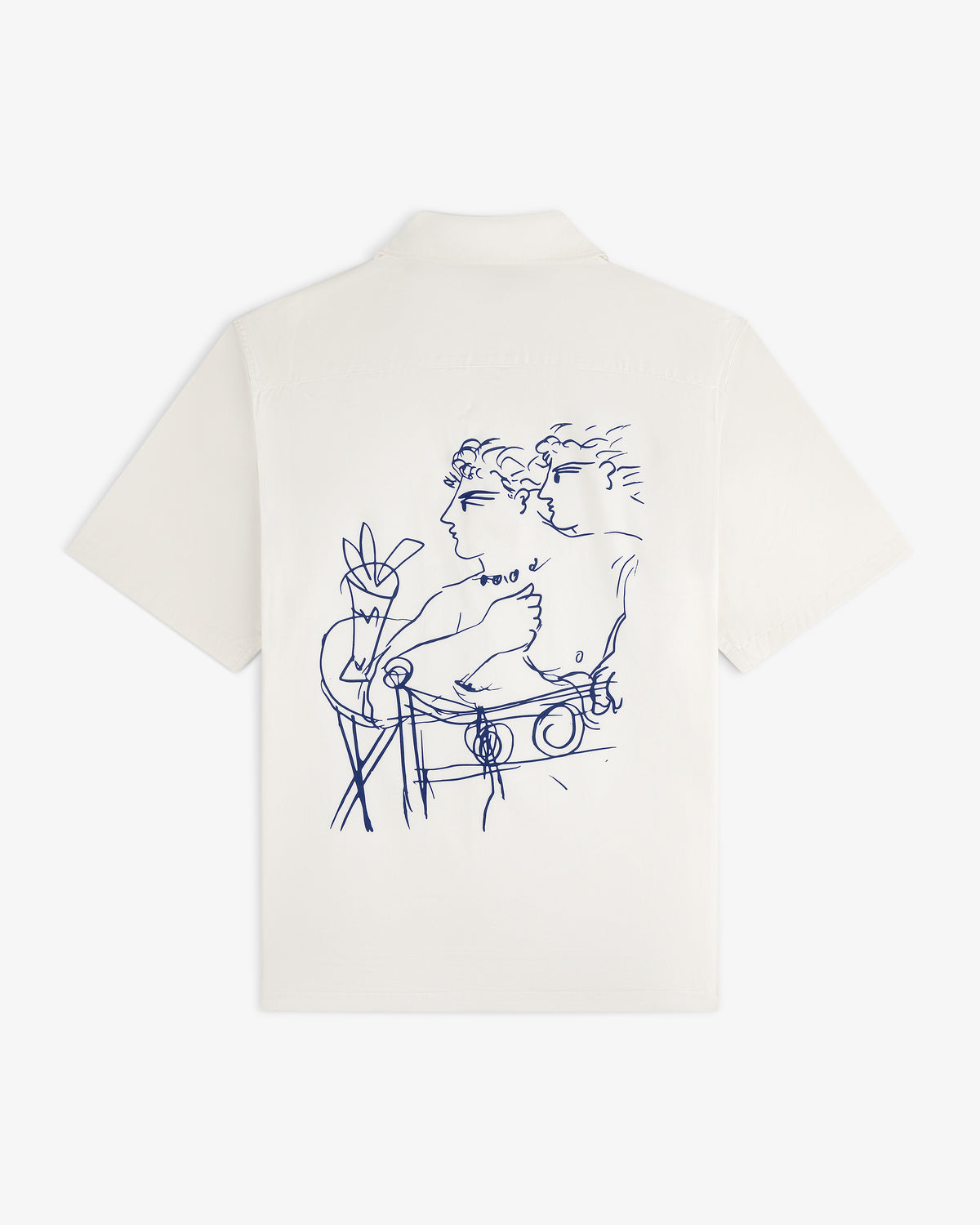 Fassianos "Rendez - Vous" camp shirt with blue abstract line art of two figures and a plant on the back.