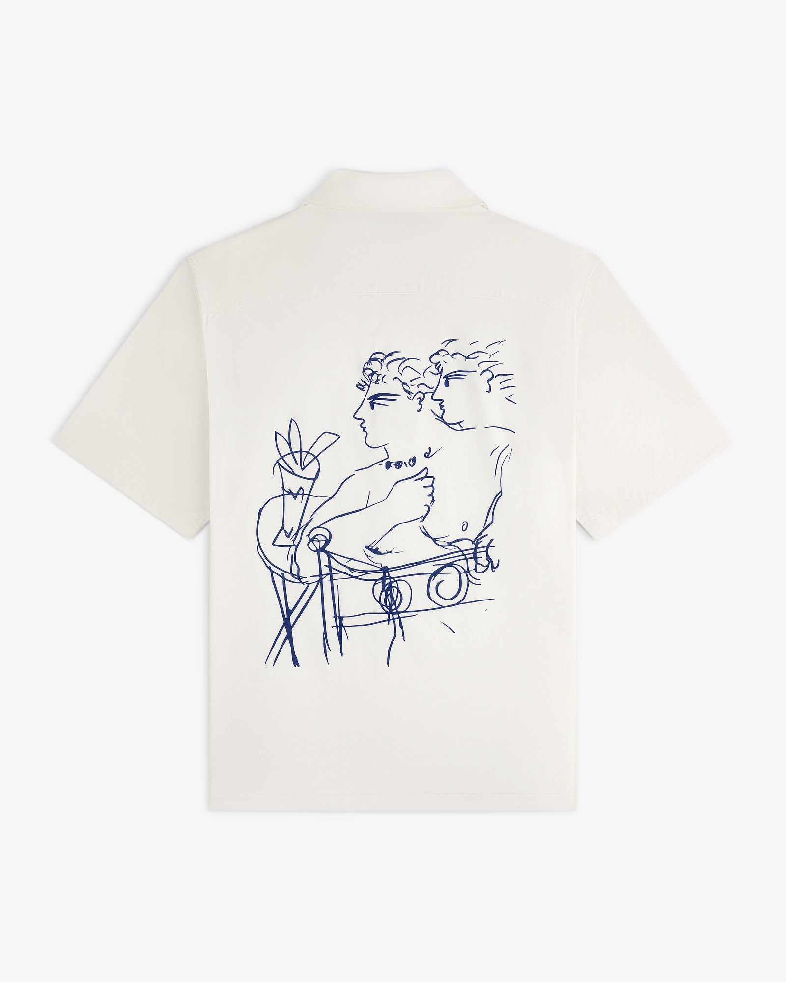 Fassianos "Rendez - Vous" camp shirt with blue abstract line art of two figures and a plant on the back.