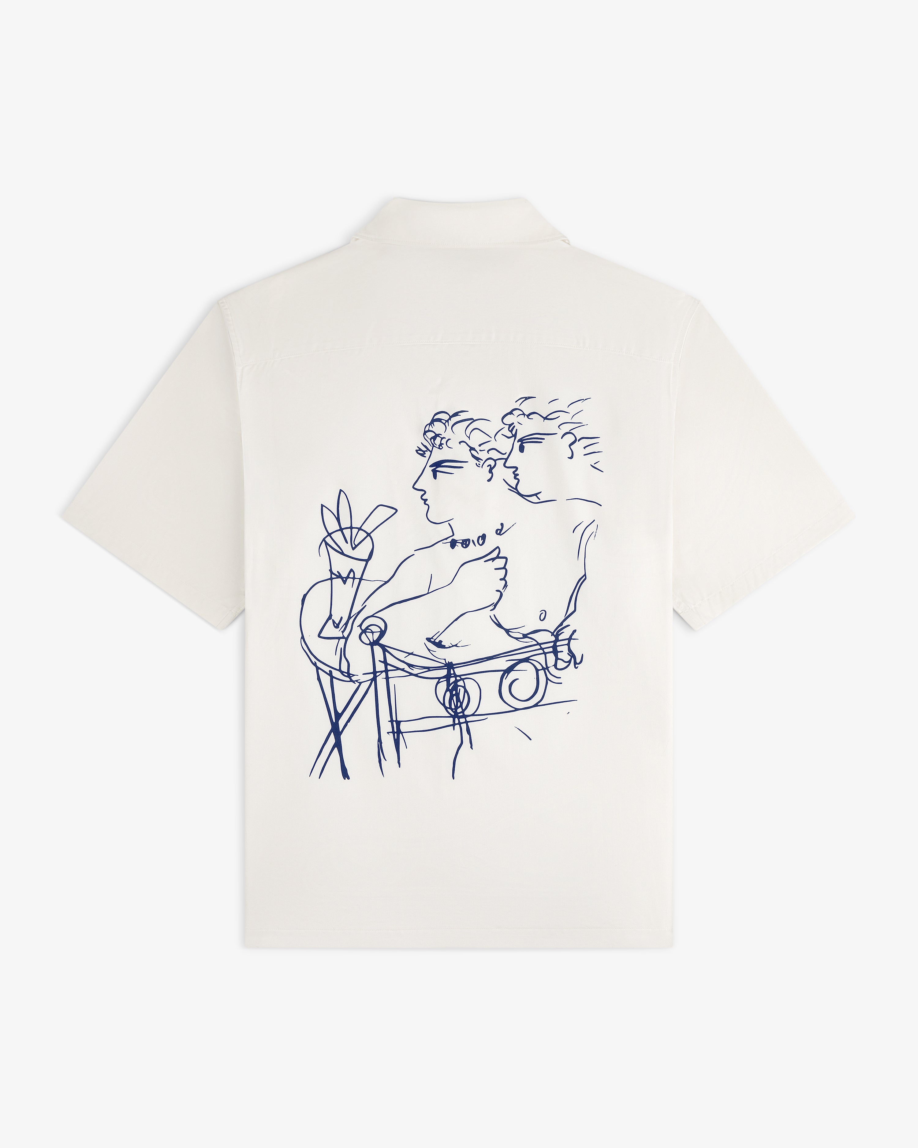 Fassianos "Rendez - Vous" camp shirt with blue abstract line art of two figures and a plant on the back.